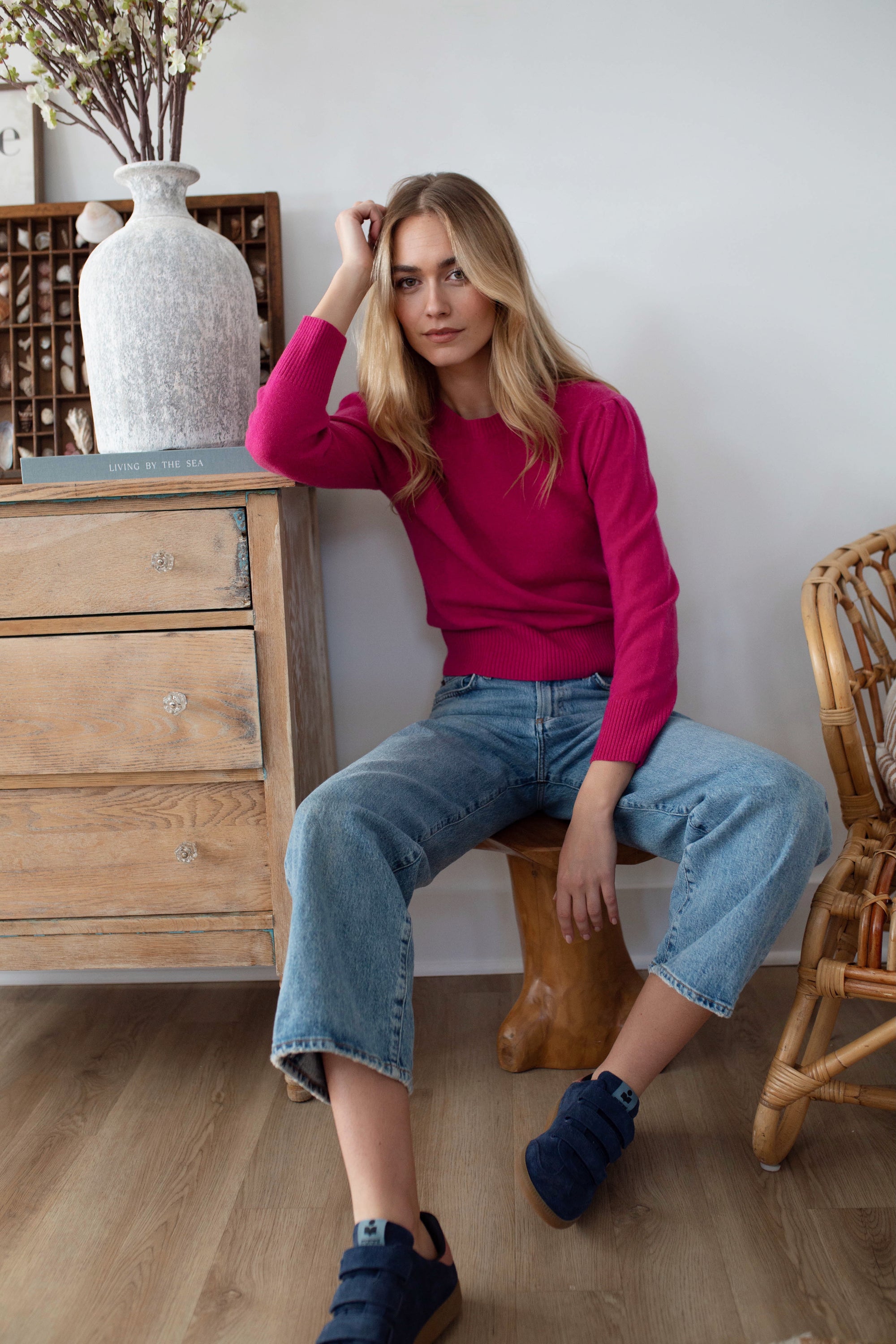 Cashmere Puff Sleeve Crewneck Sweater - Magenta
