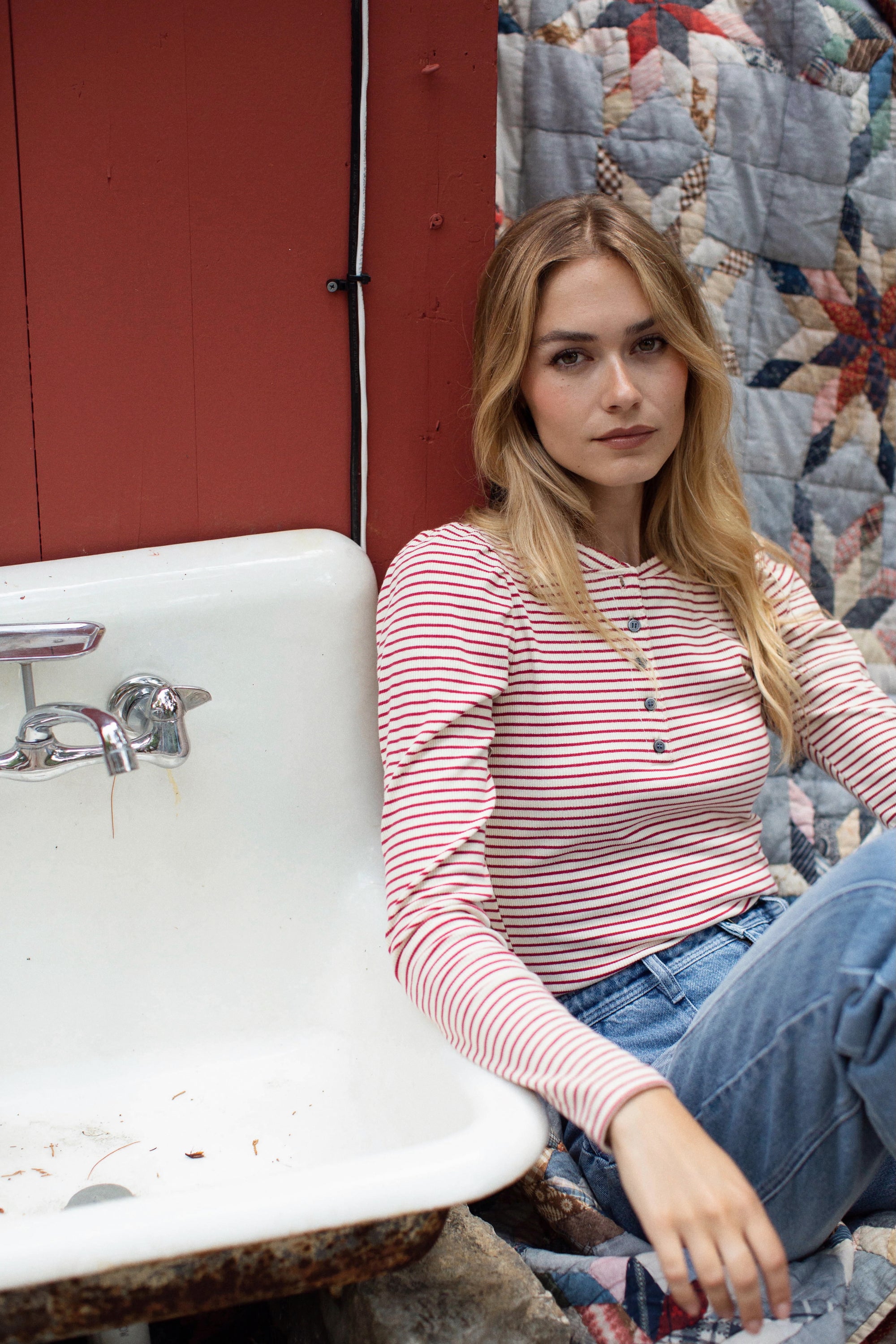 Puff Sleeve Henley - Ivory/Burgundy Stripe