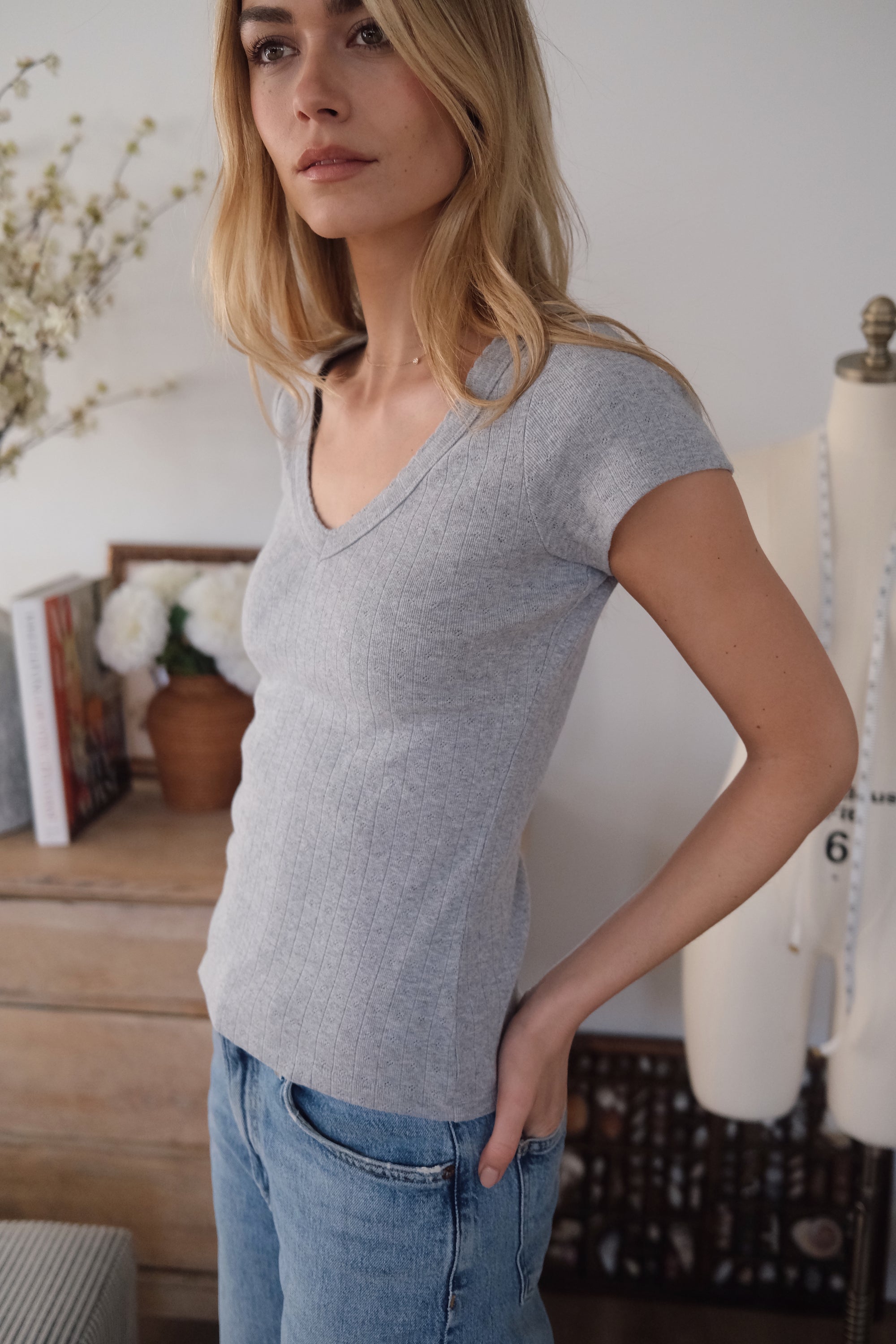 Pointelle V-Neck Tee - Grey