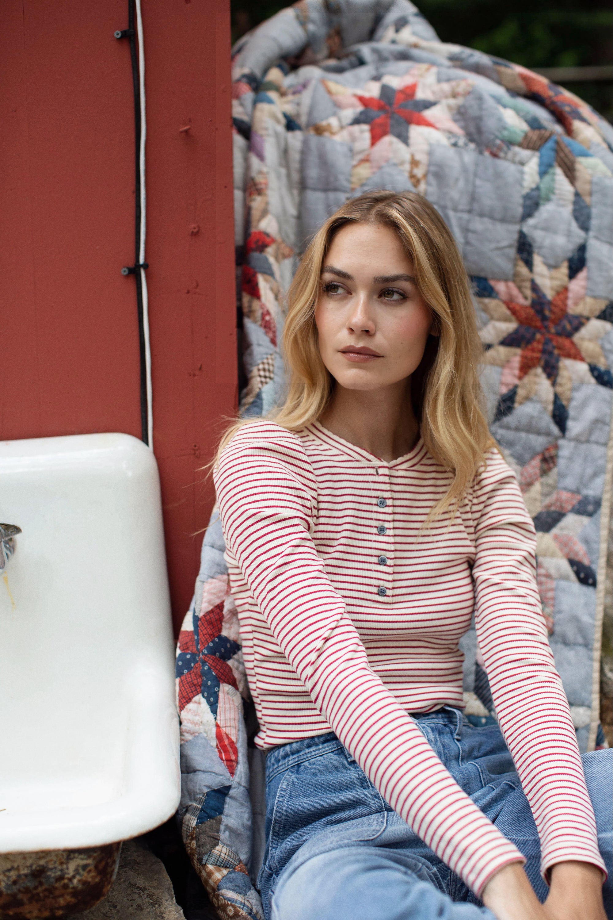 Puff Sleeve Henley - Ivory/Burgundy Stripe