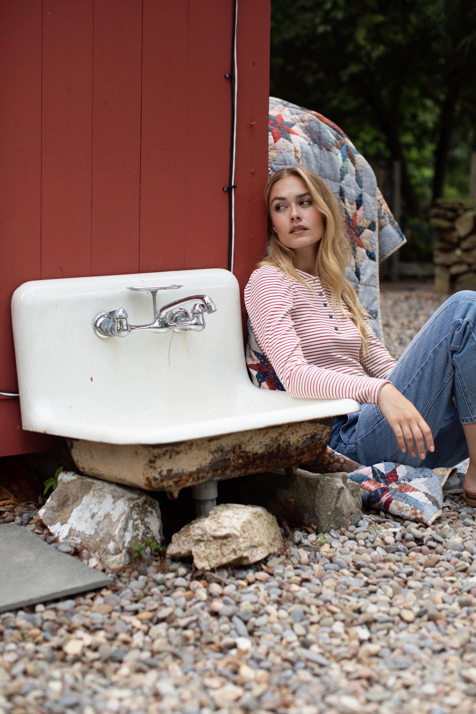 Puff Sleeve Henley - Ivory/Burgundy Stripe