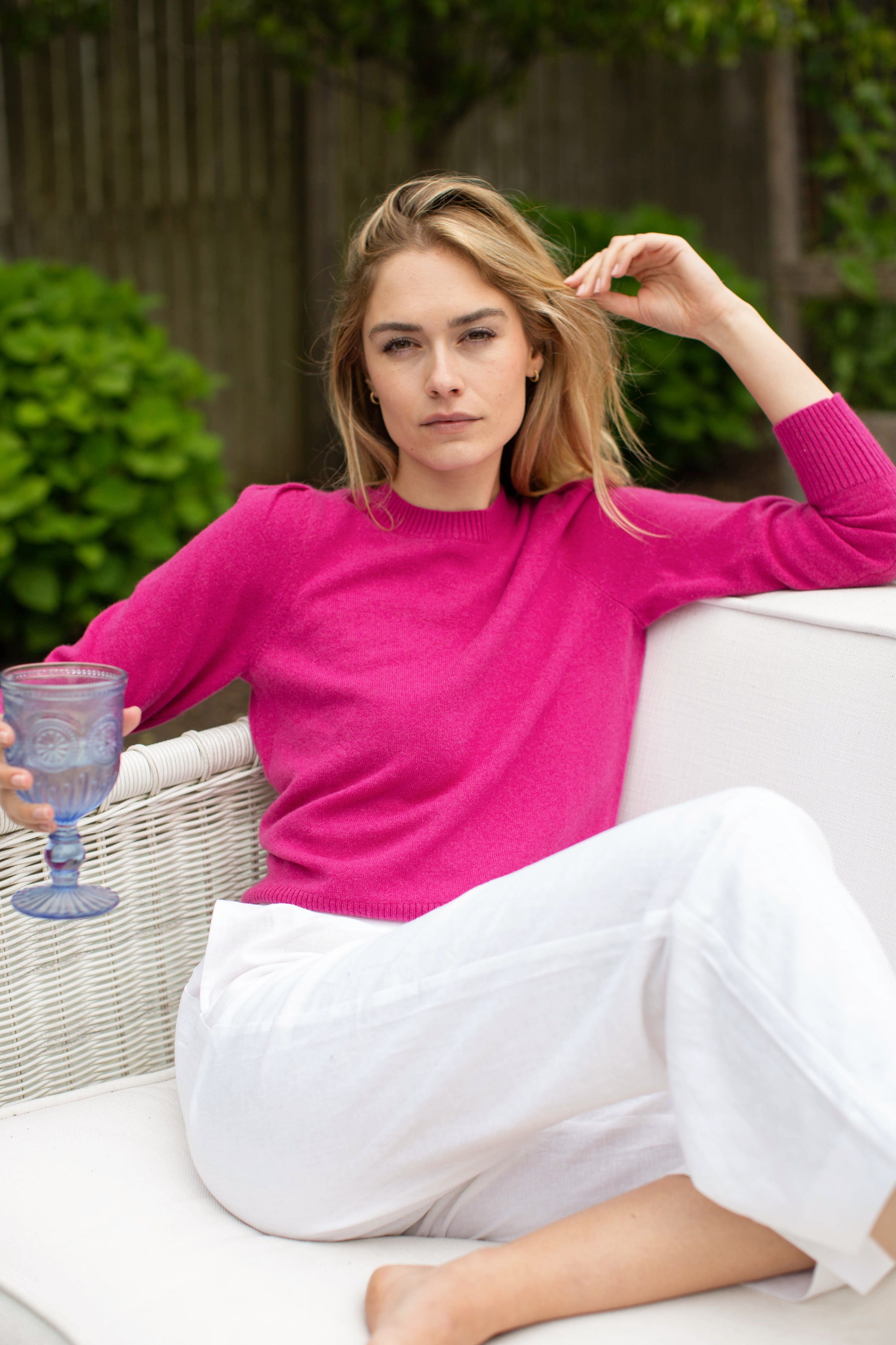 Cashmere Puff Sleeve Crewneck Sweater - Magenta
