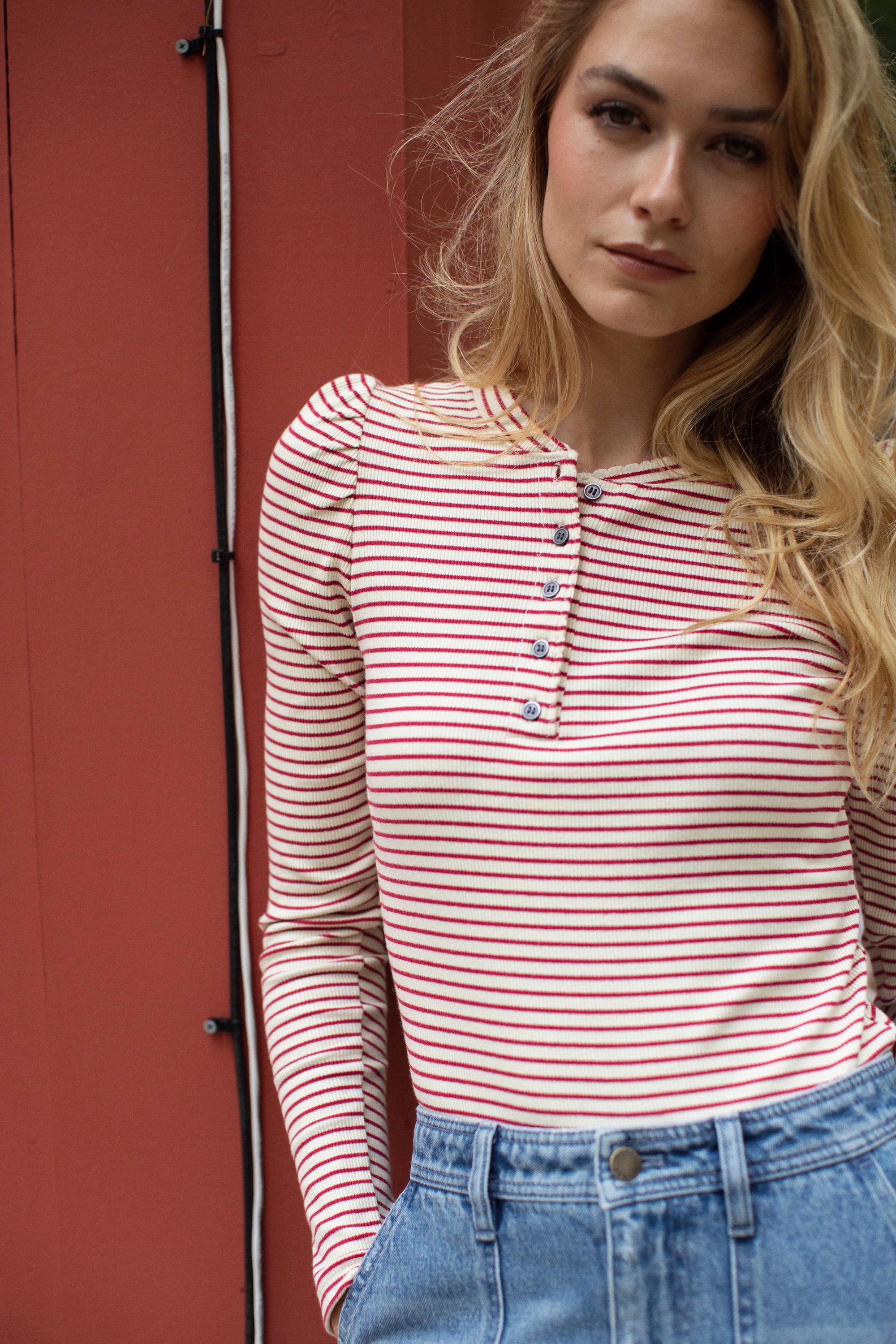 Puff Sleeve Henley - Ivory/Burgundy Stripe