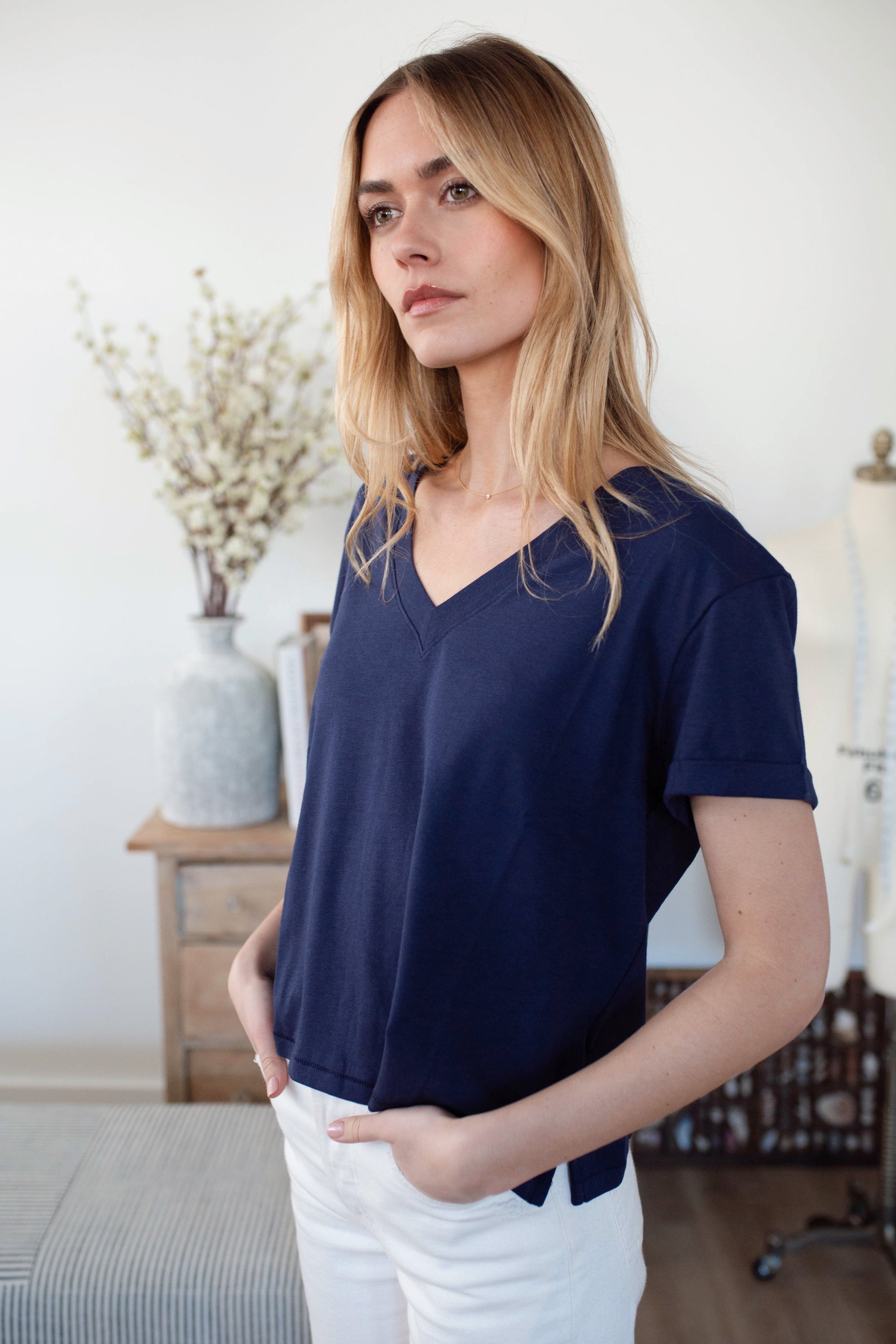 Short Sleeve Roller V Neck Tee - Evening Blue