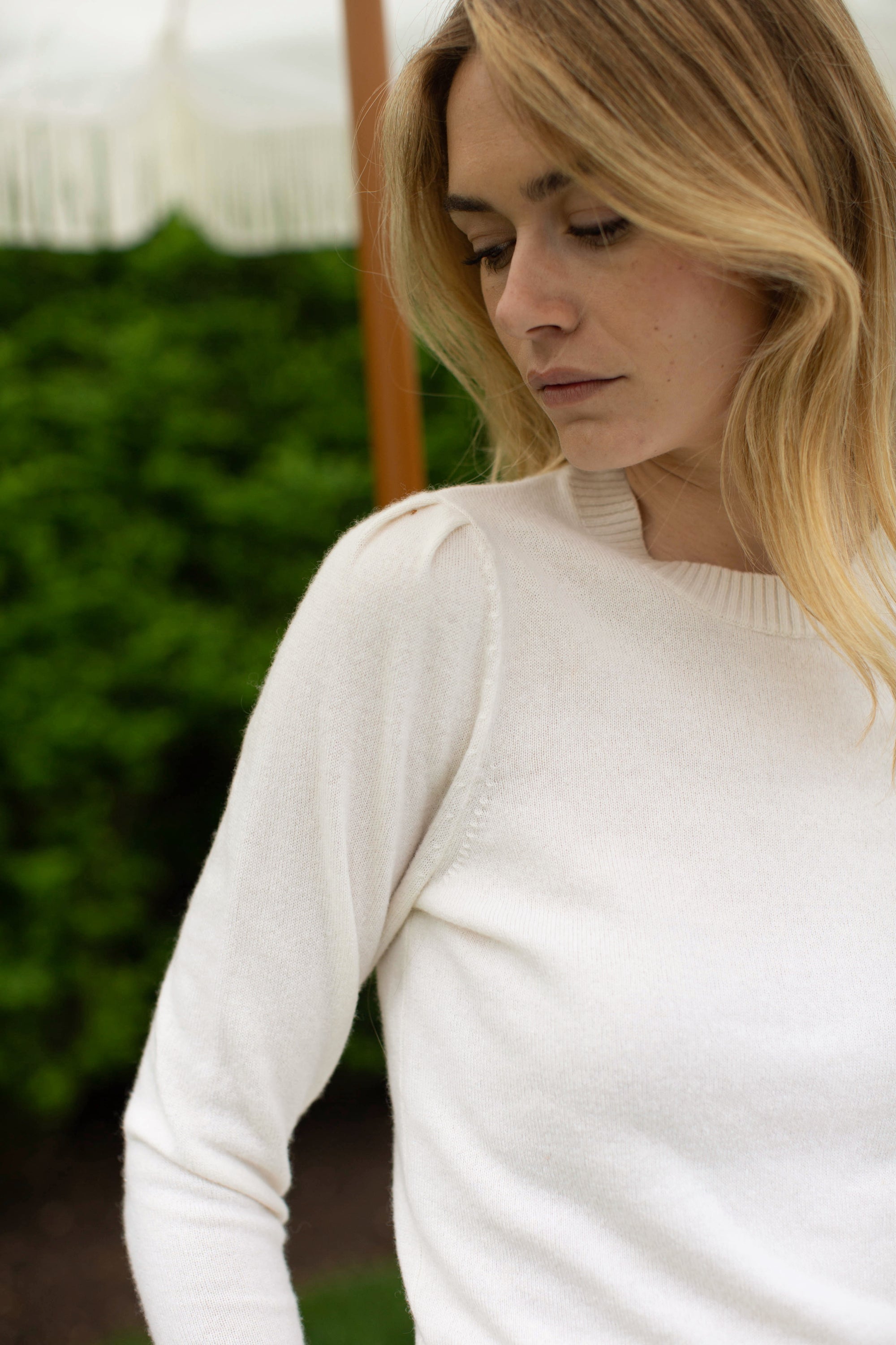 Cashmere Puff Sleeve Crewneck Sweater - Ivory