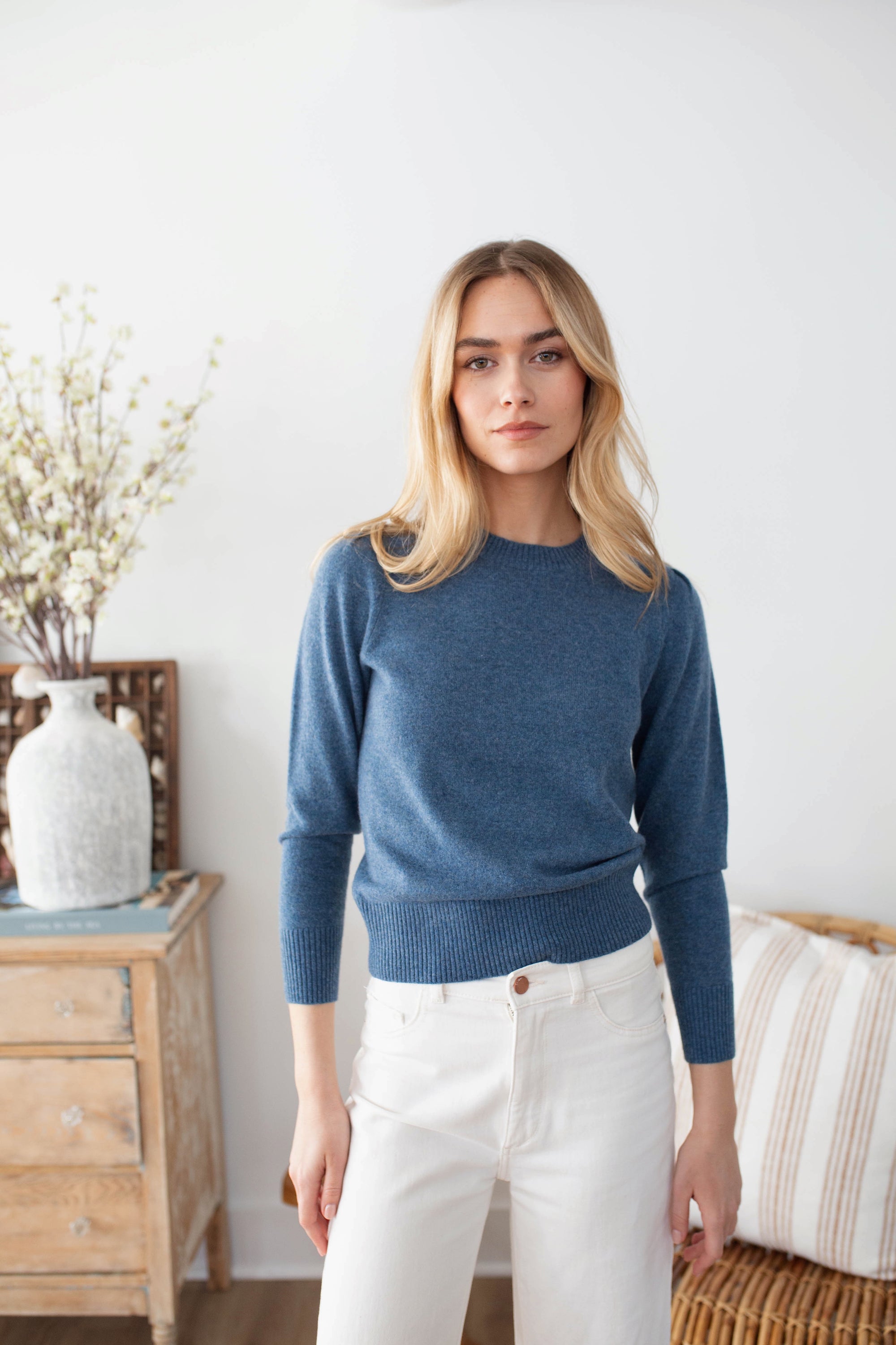Cashmere Puff Sleeve Crewneck Sweater - Indigo