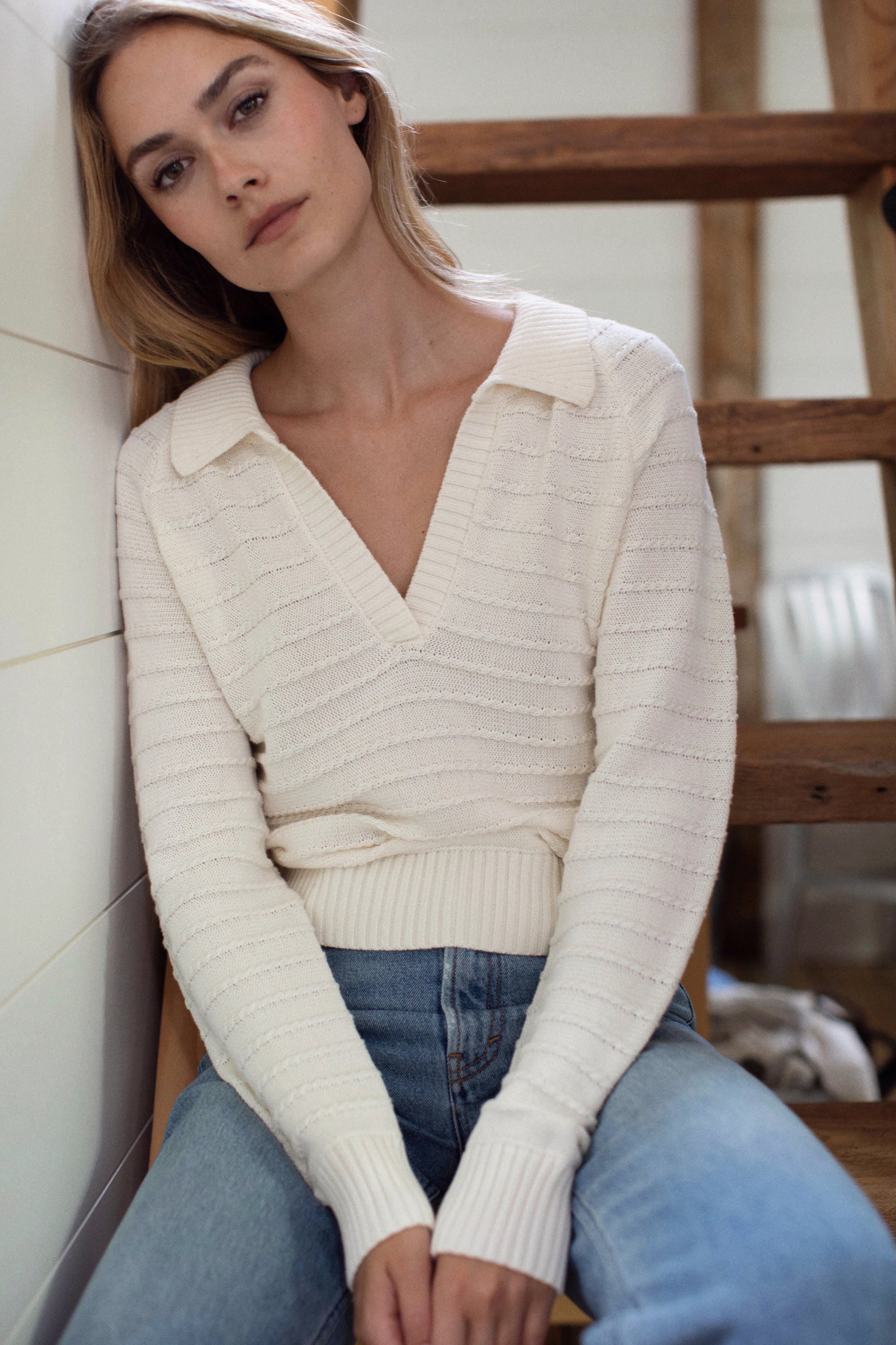Mini Cable Polo Sweater - Ivory