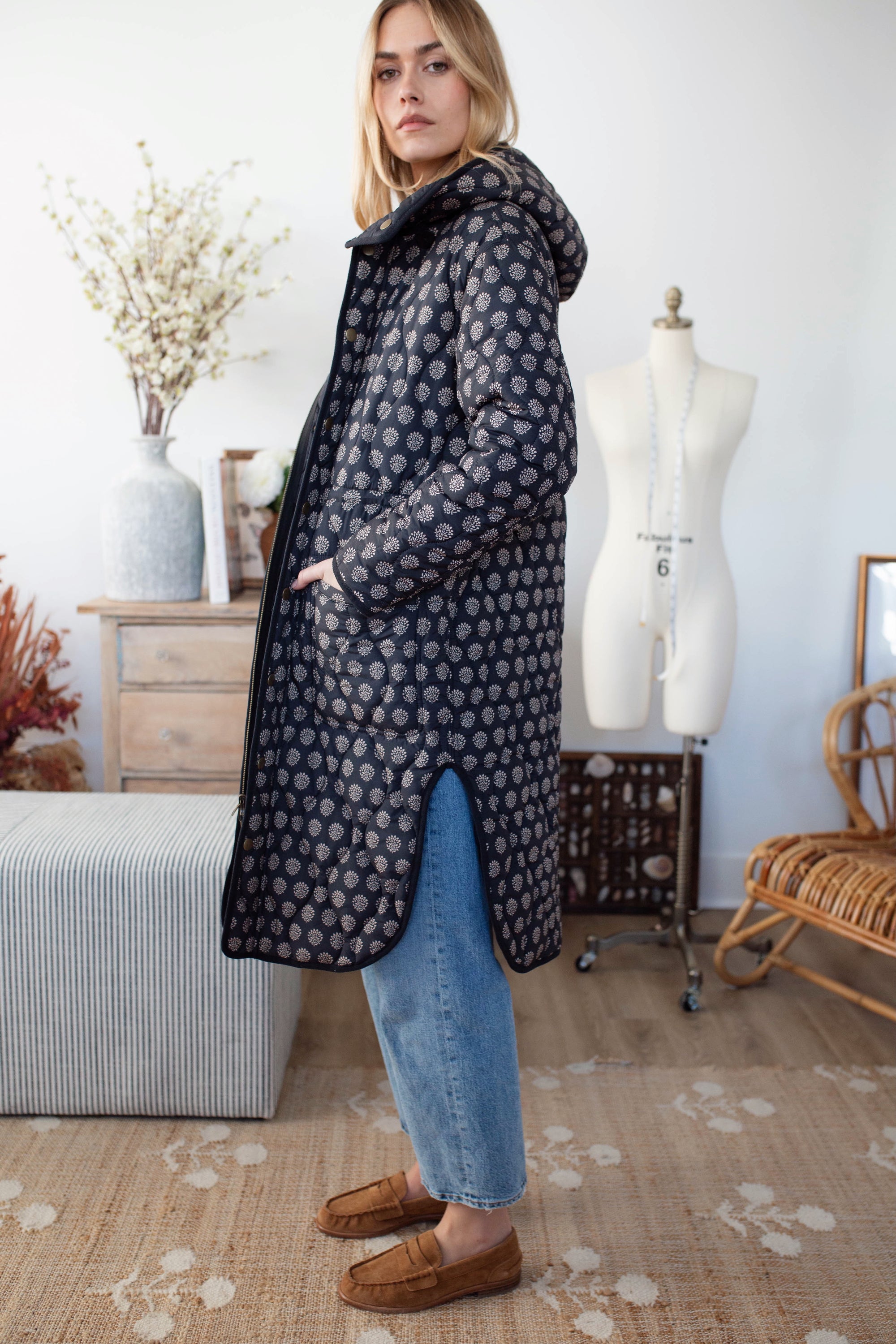 Reversible Quilted Coat - Black Mini Meadow