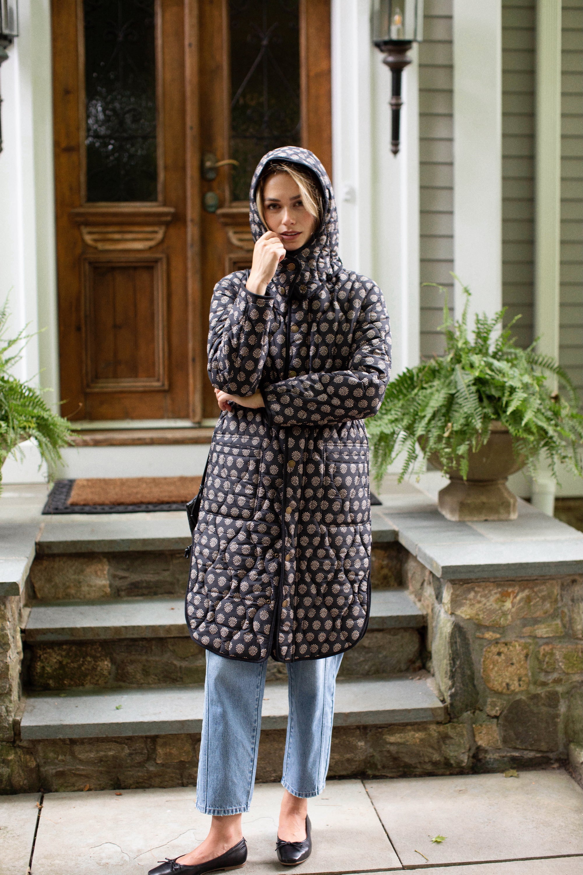 Reversible Quilted Coat - Black Mini Meadow