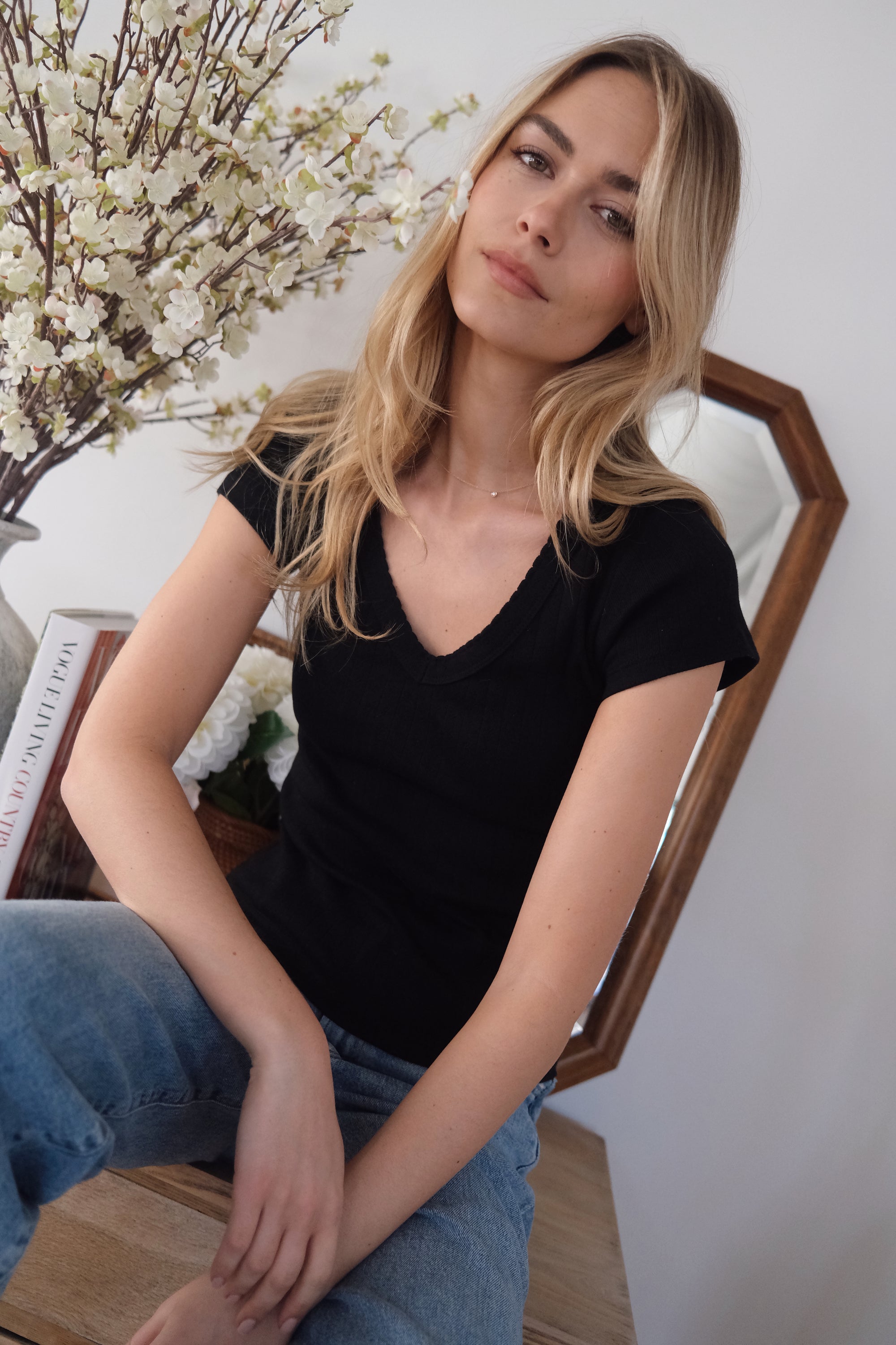 Pointelle V-Neck Tee - Black