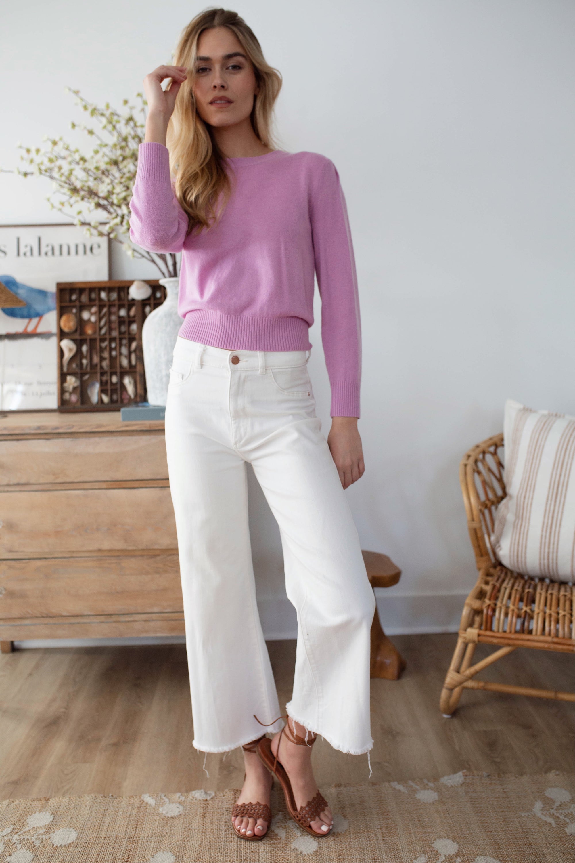 Cashmere Puff Sleeve Crewneck Sweater - Lilac