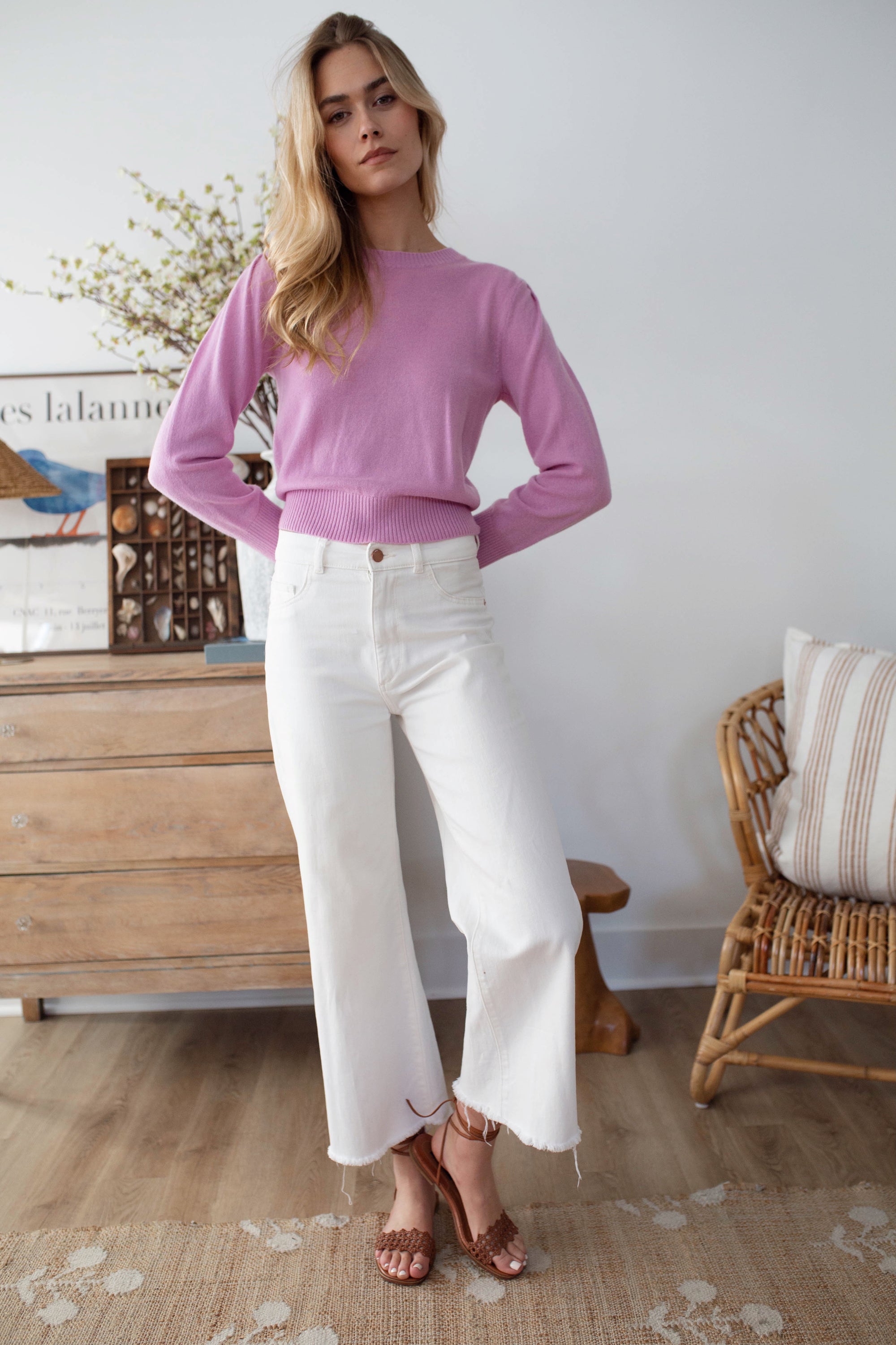 Cashmere Puff Sleeve Crewneck Sweater - Lilac