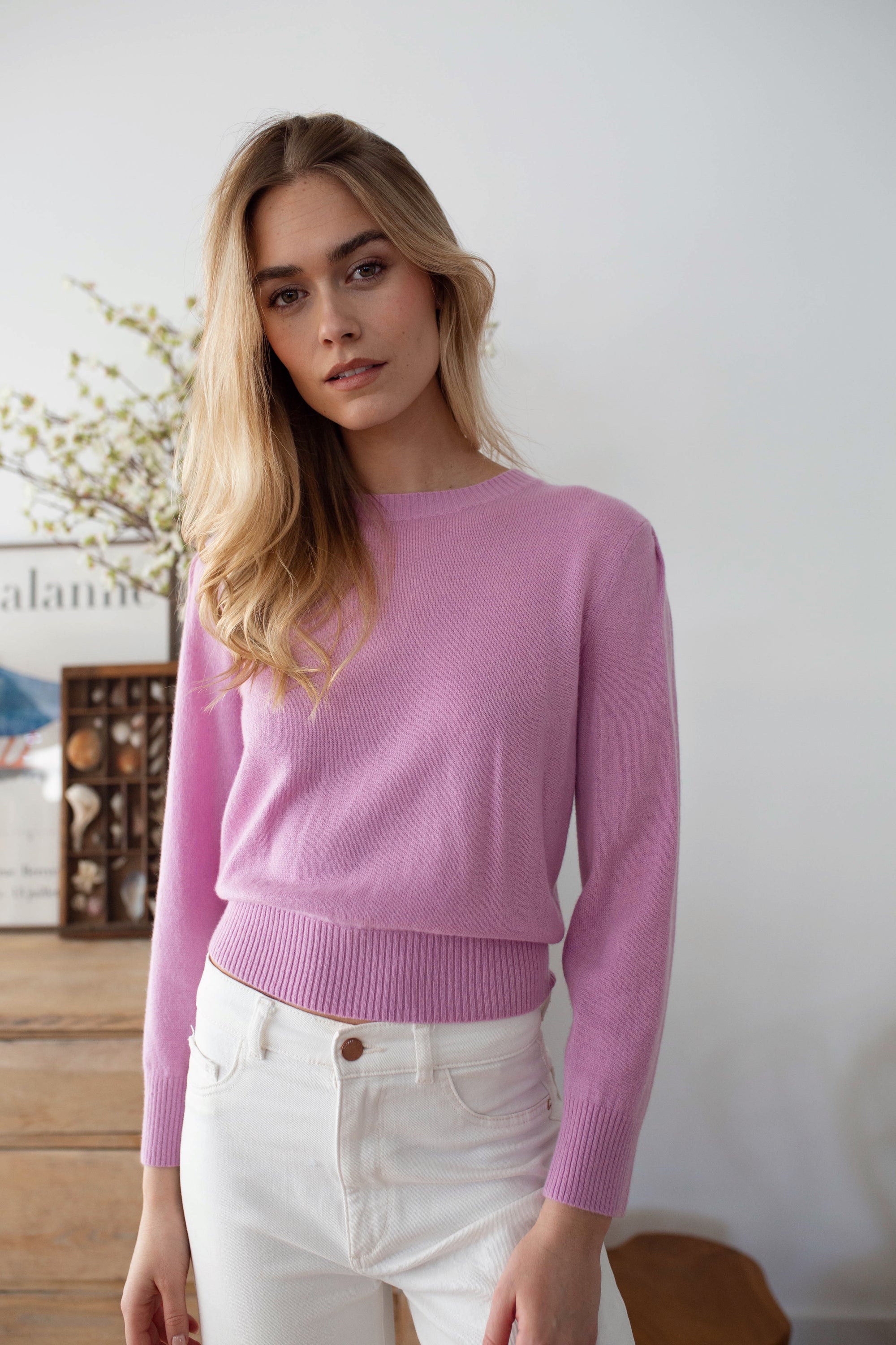Cashmere Puff Sleeve Crewneck Sweater - Lilac