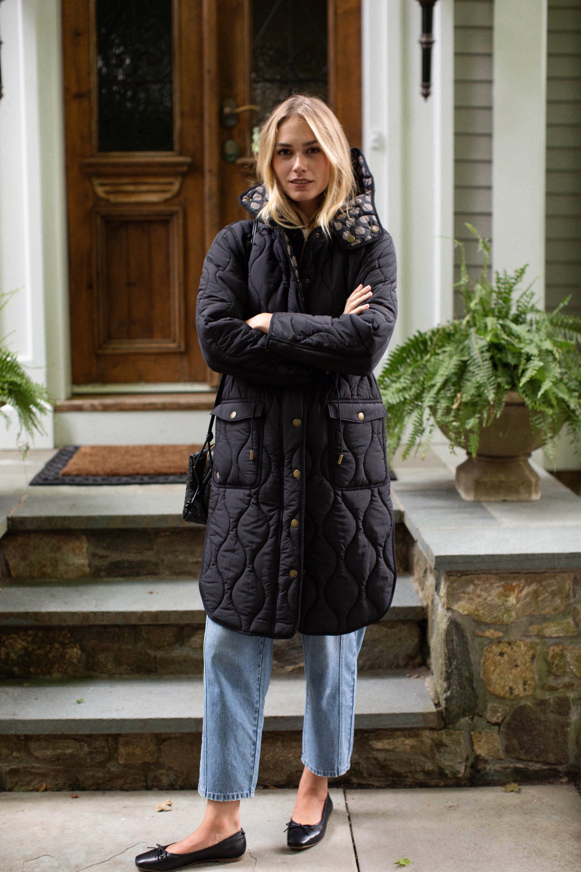 Reversible Quilted Coat - Black Mini Meadow