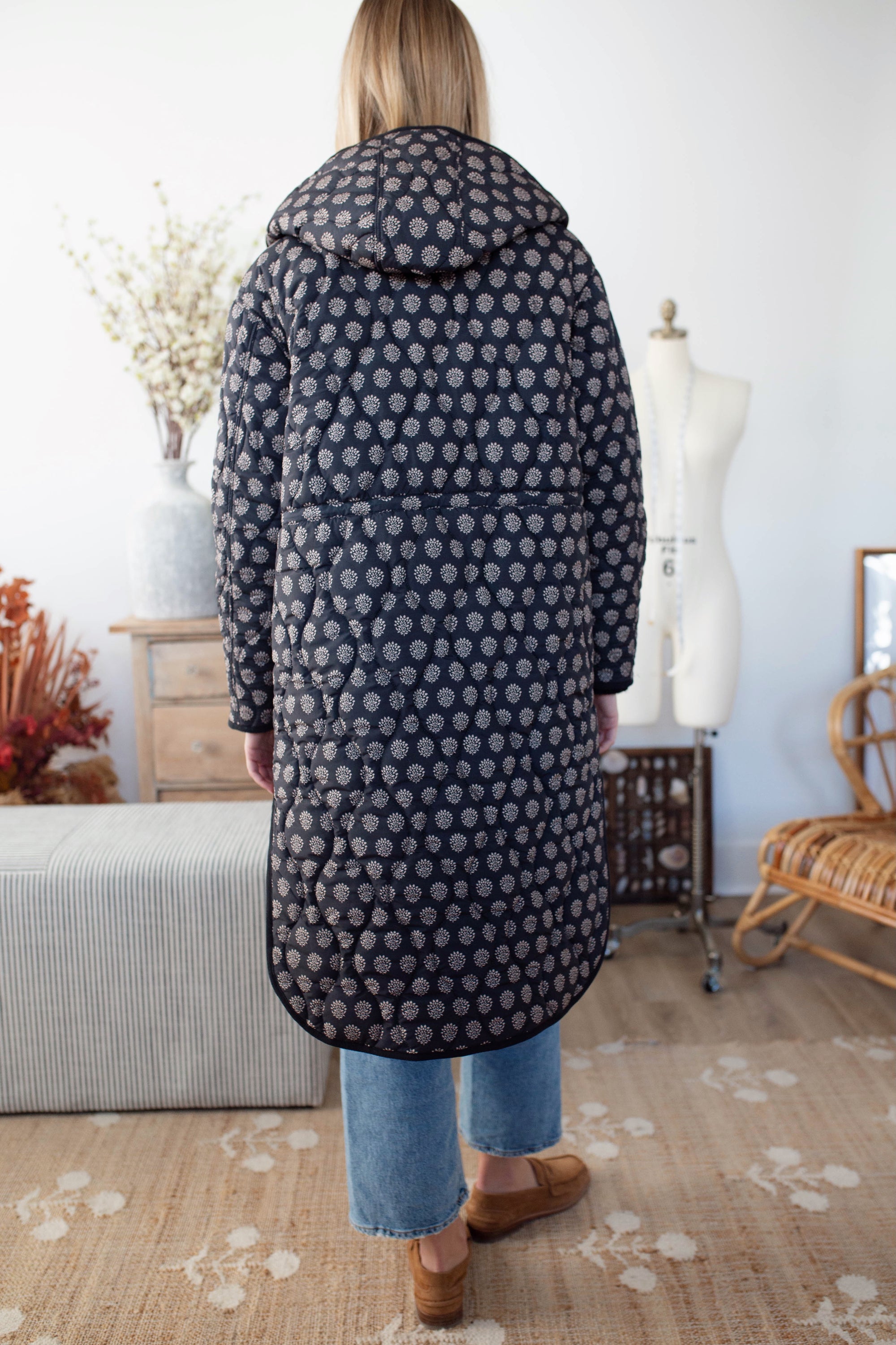 Reversible Quilted Coat - Black Mini Meadow