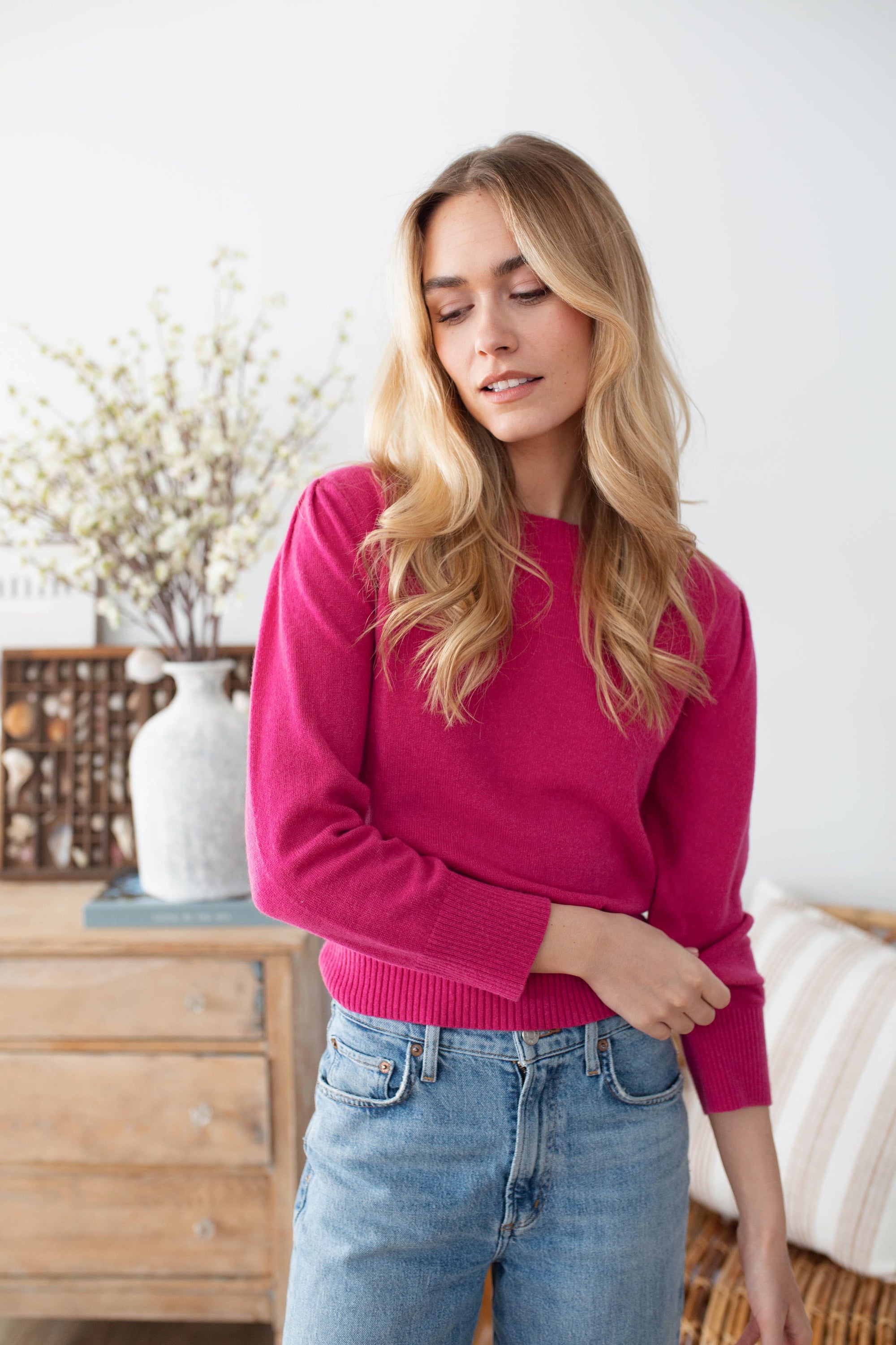 Cashmere Puff Sleeve Crewneck Sweater - Magenta