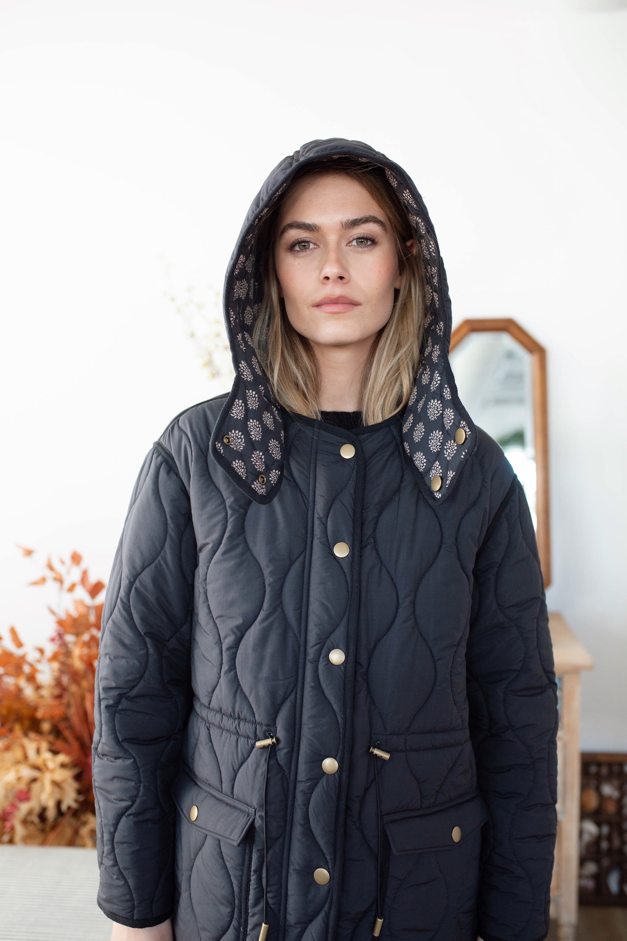 Reversible Quilted Coat - Black Mini Meadow