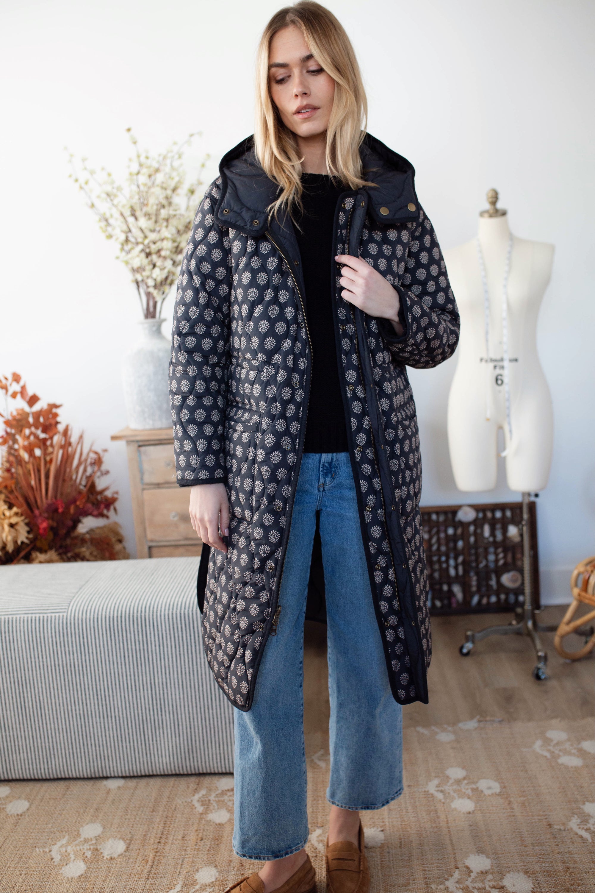 Reversible Quilted Coat - Black Mini Meadow