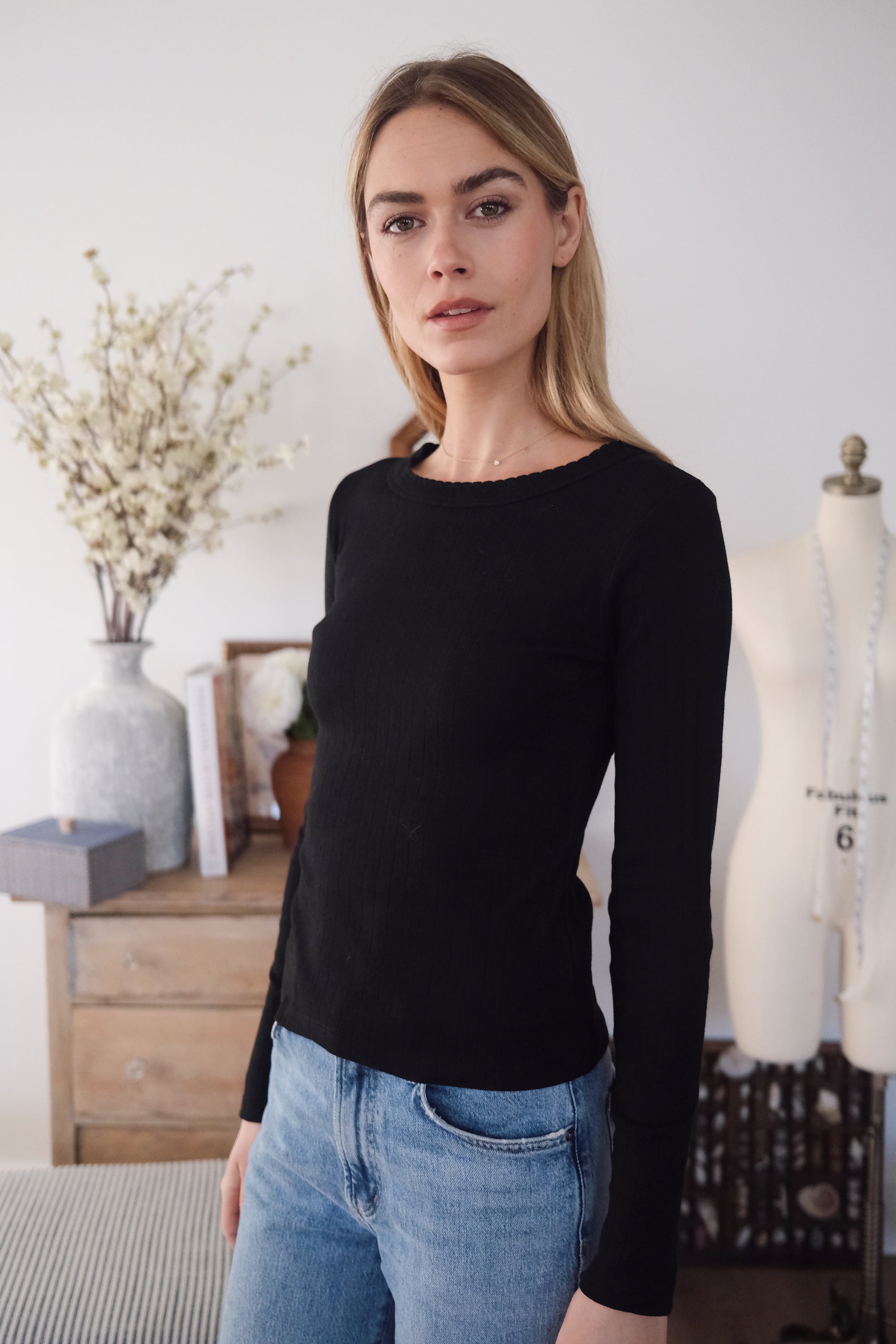 Pointelle Long Sleeve Crewneck - Black