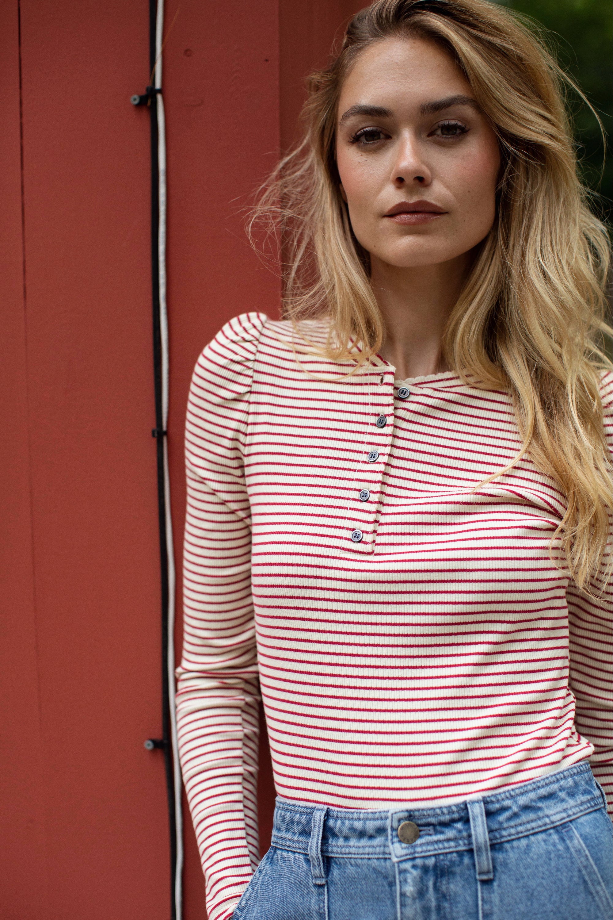 Puff Sleeve Henley - Ivory/Burgundy Stripe