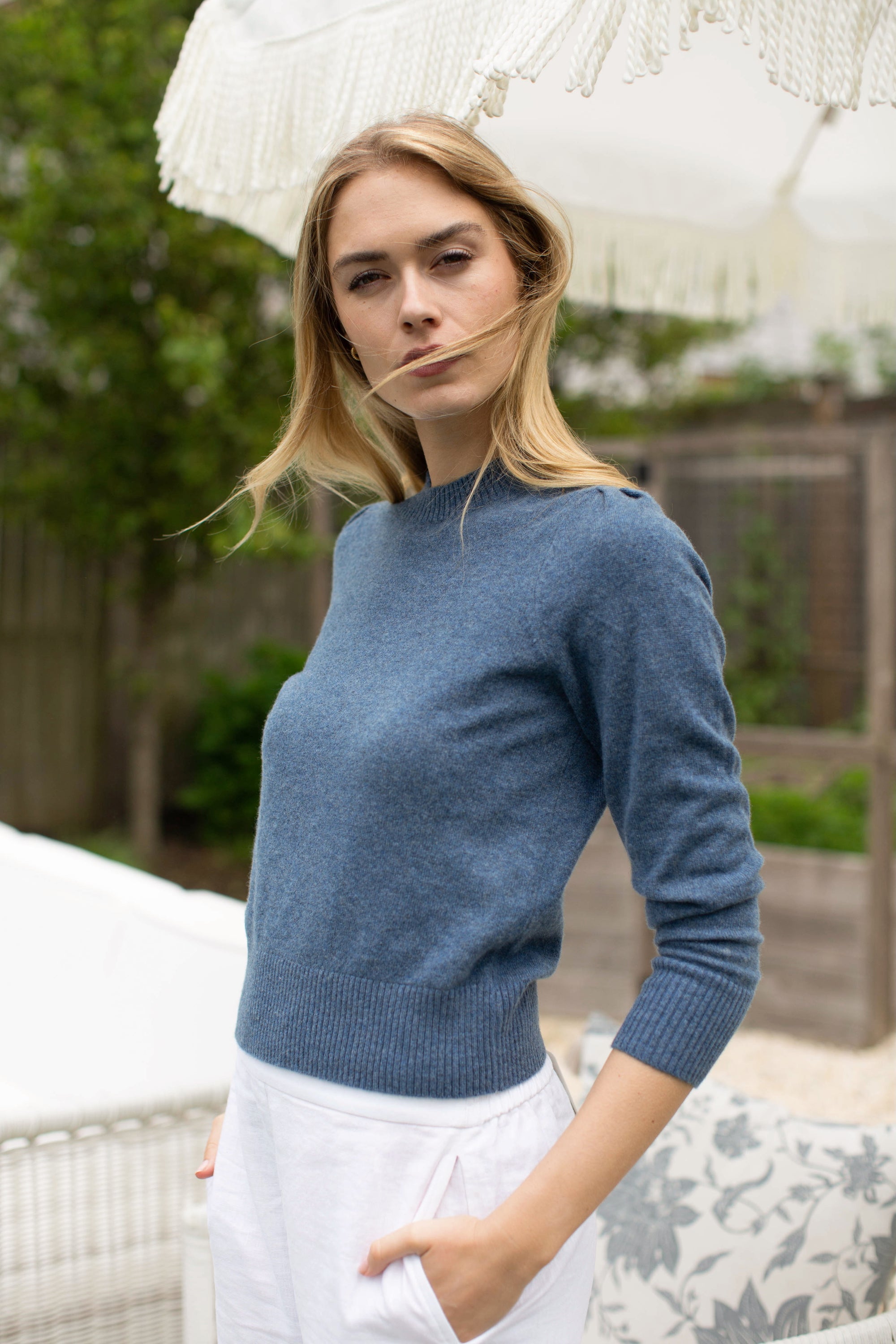 Cashmere Puff Sleeve Crewneck Sweater - Indigo