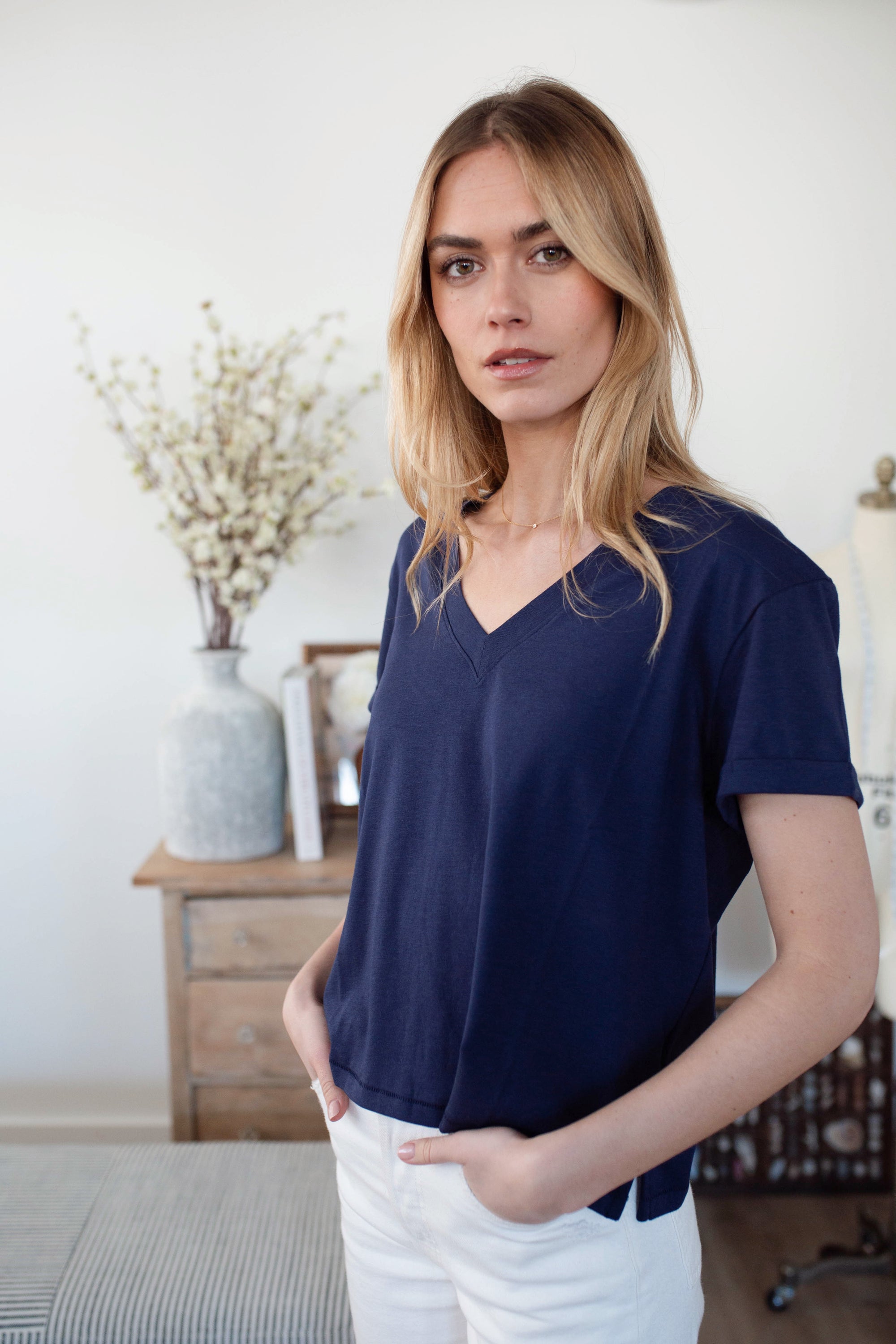 Short Sleeve Roller V Neck Tee - Evening Blue