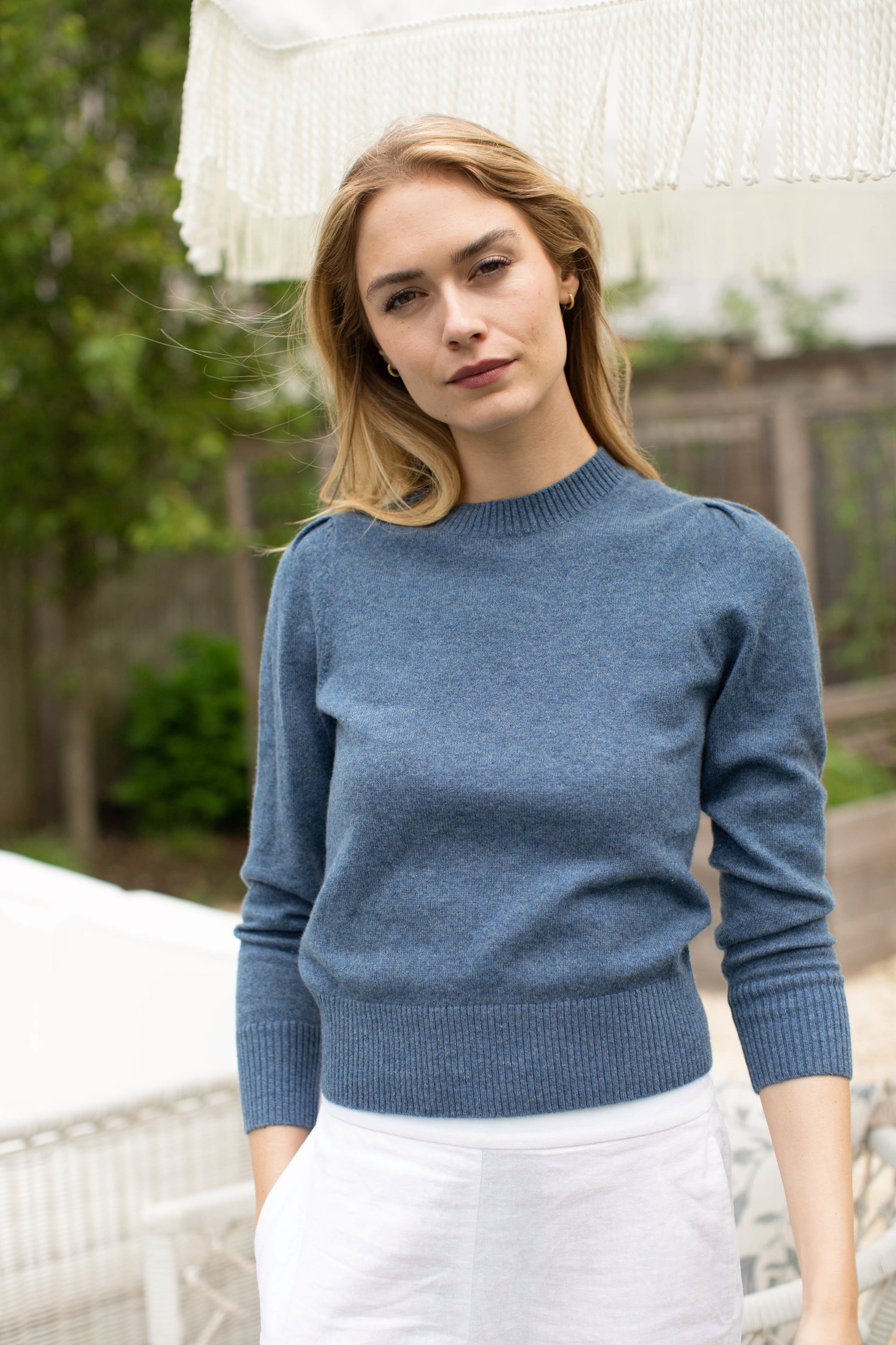 Cashmere Puff Sleeve Crewneck Sweater - Indigo