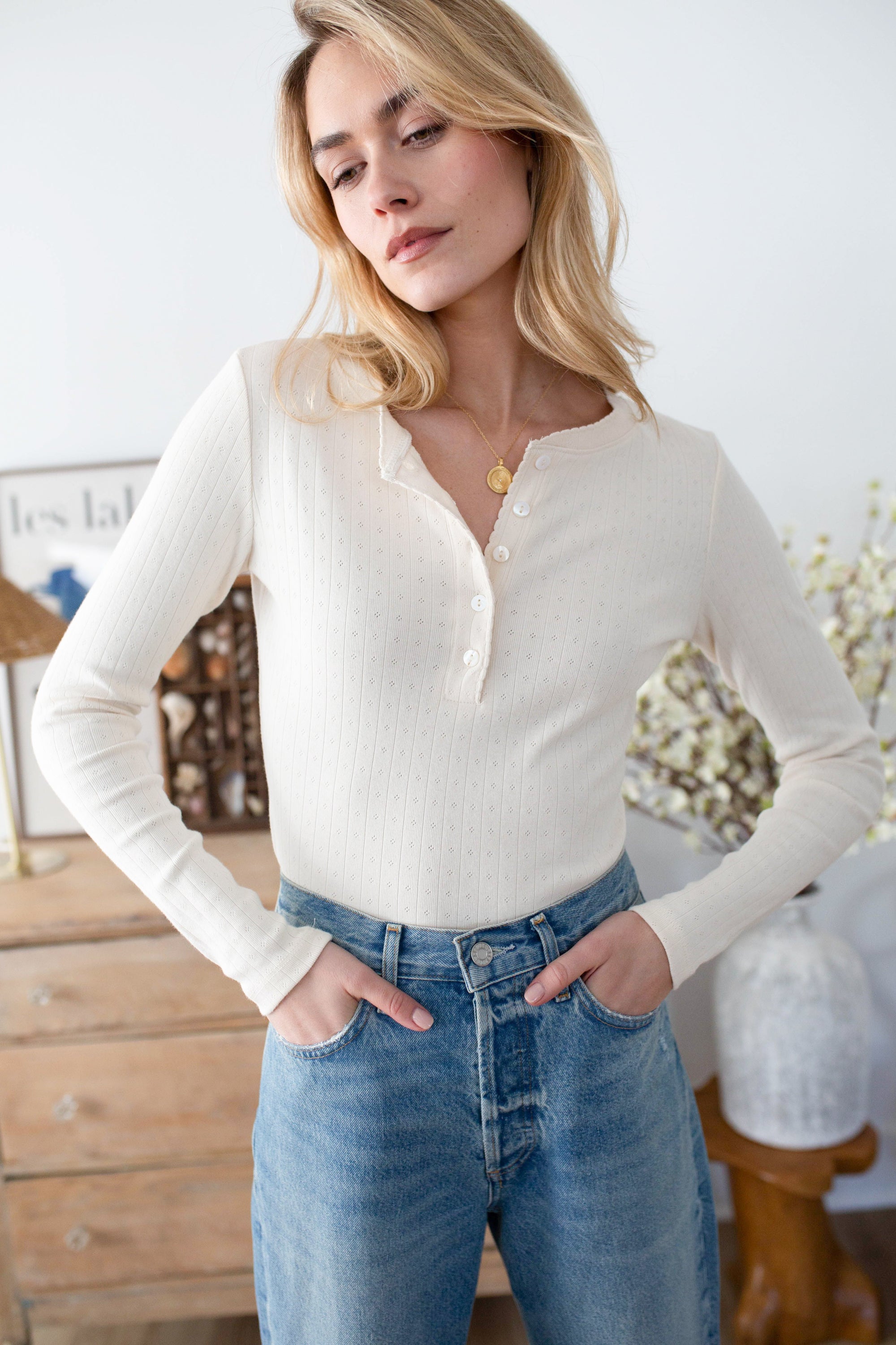 Pointelle Long Sleeve Henley - Ivory