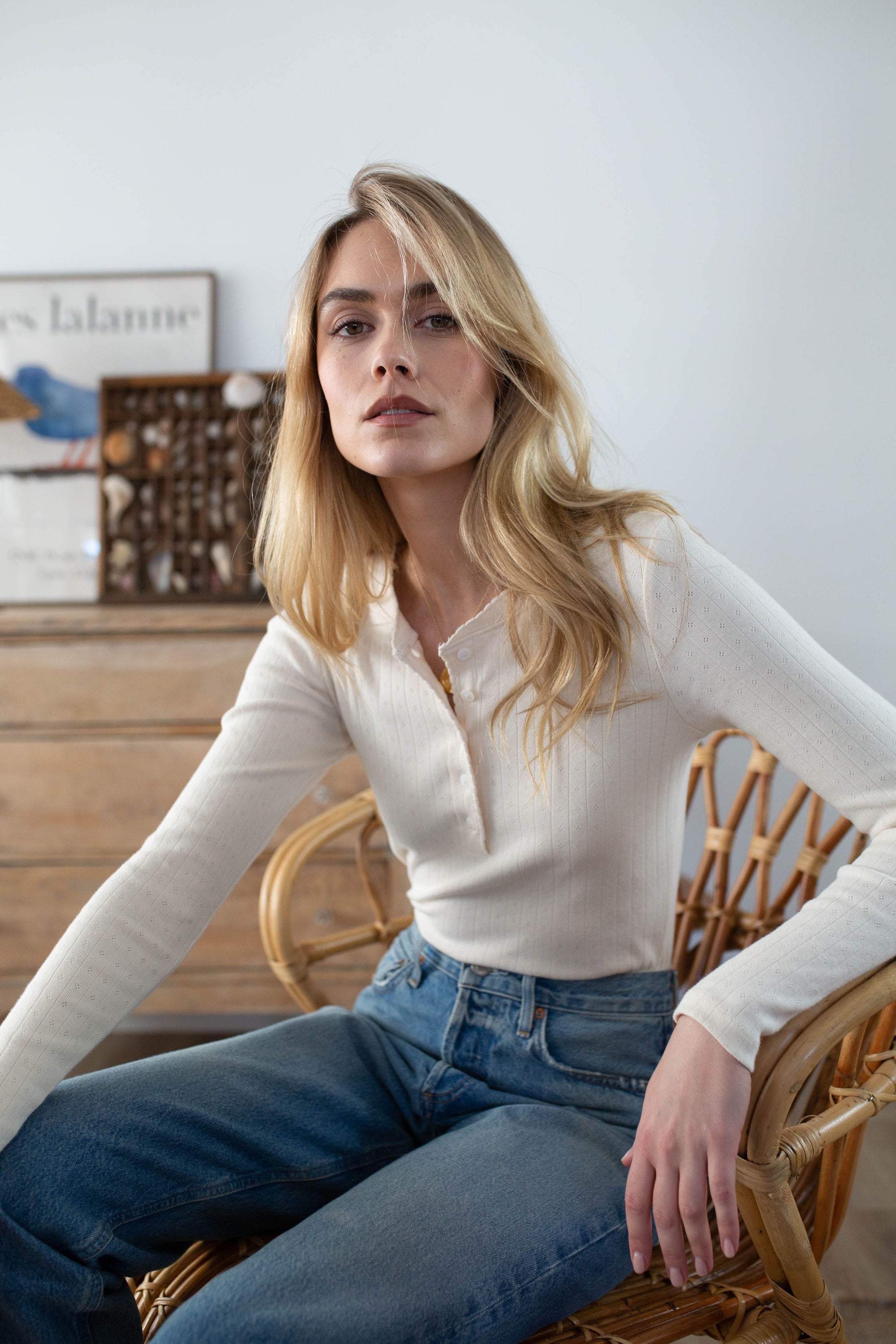 Pointelle Long Sleeve Henley - Ivory