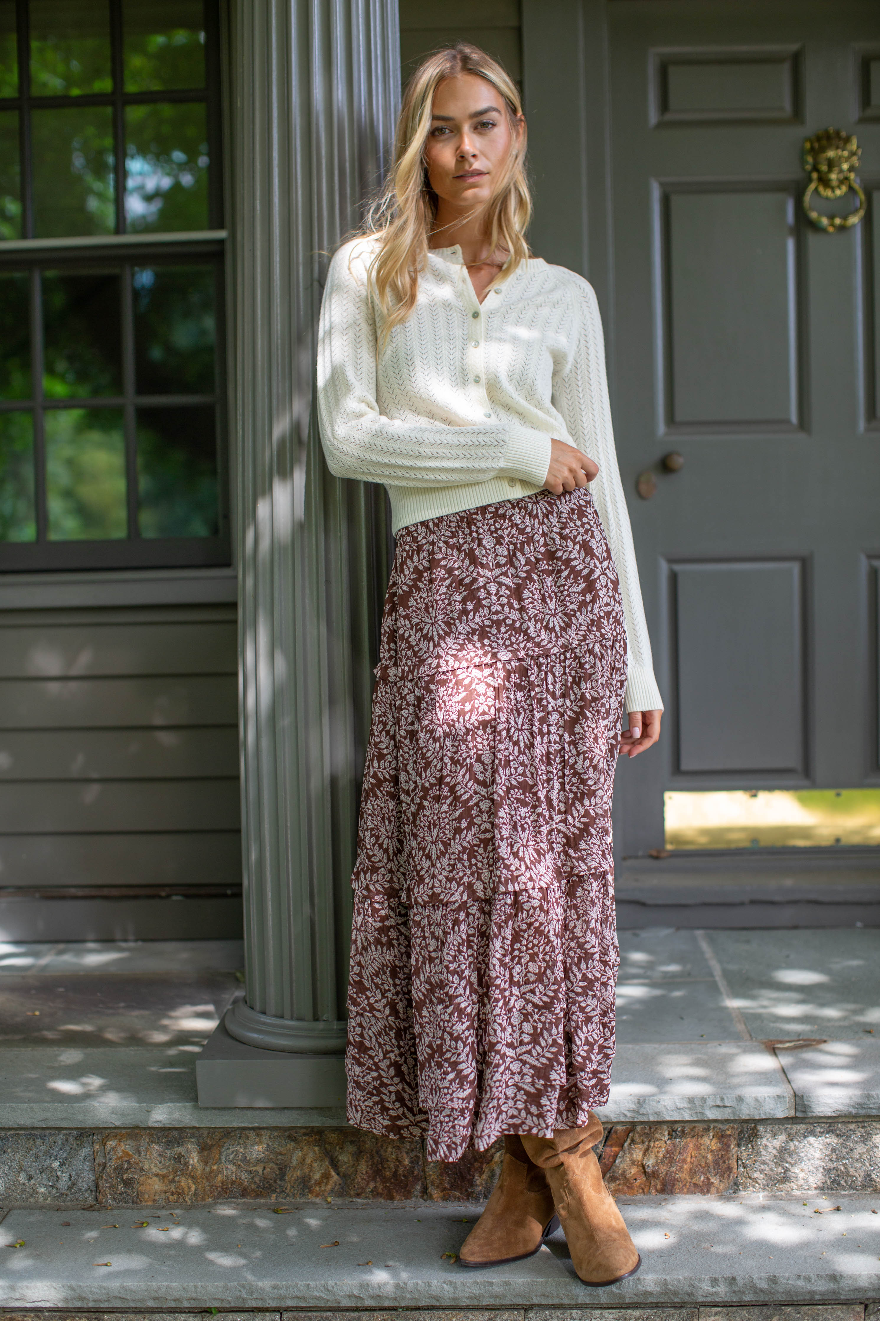 Brooklyn Chiffon Midi Skirt - Chocolate Lace Floral – Marea by Liz Joy