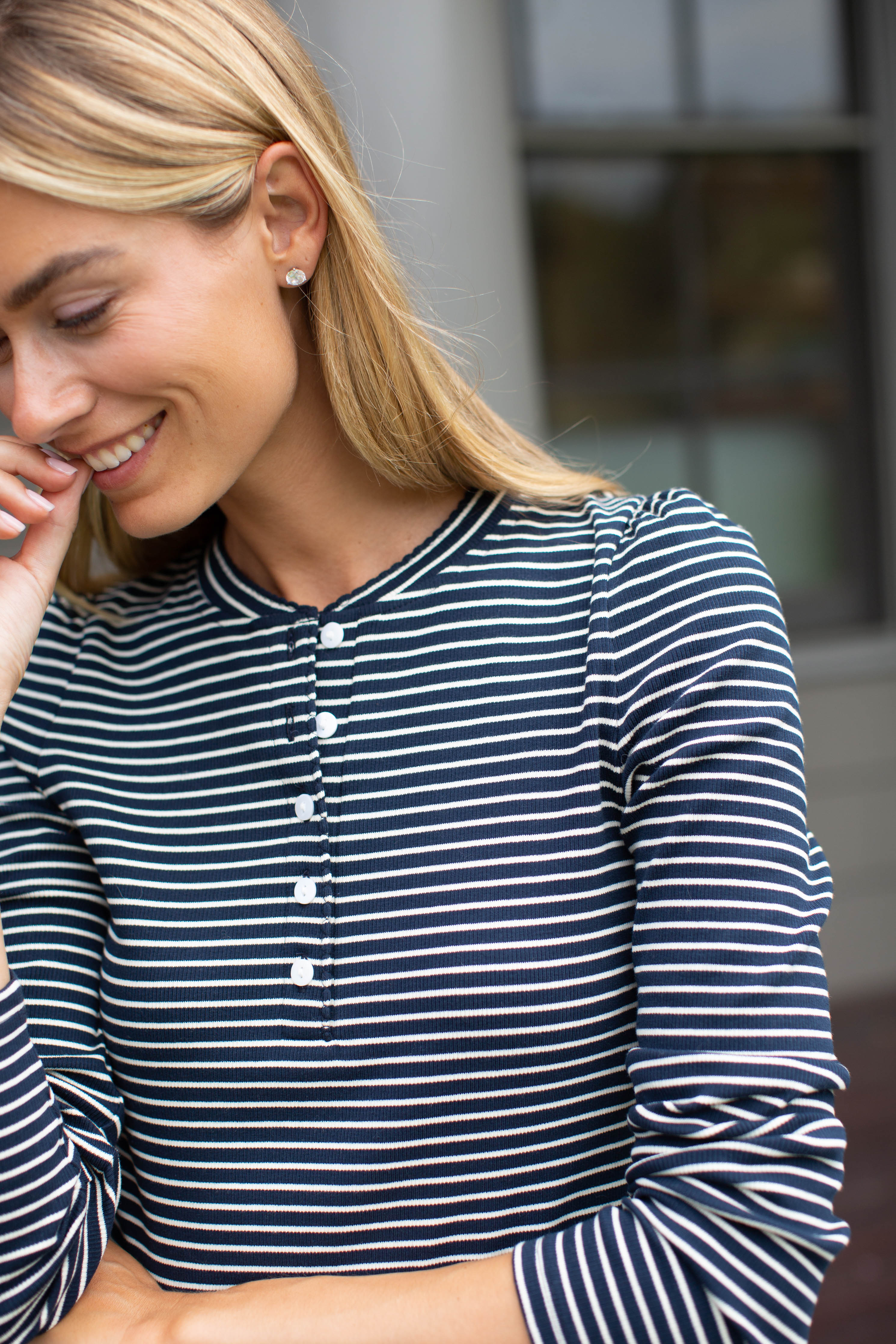Puff Sleeve Cotton Henley - Navy/Ivory Stripe – Marea by Liz Joy