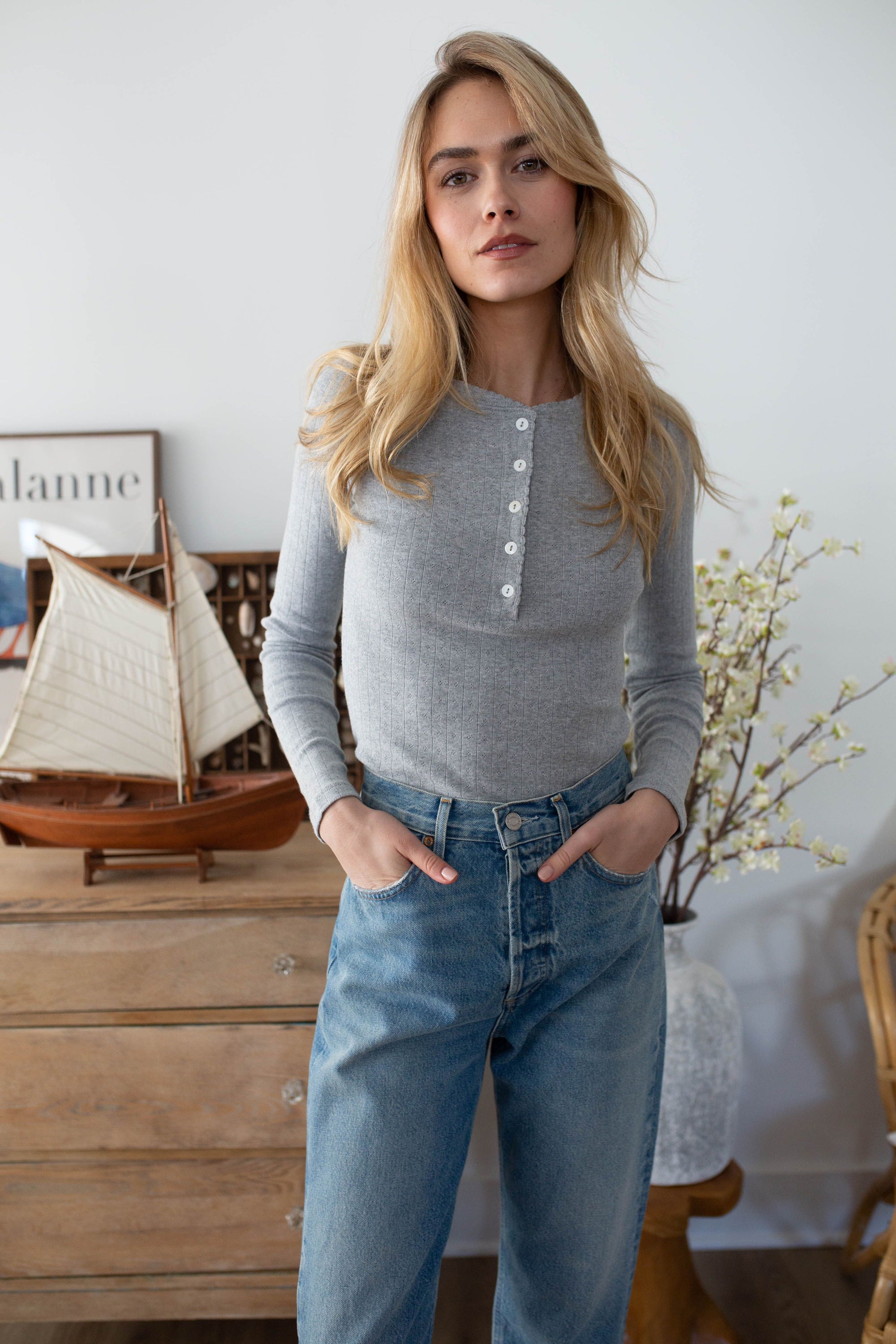 Pointelle Long Sleeve Henley - Grey
