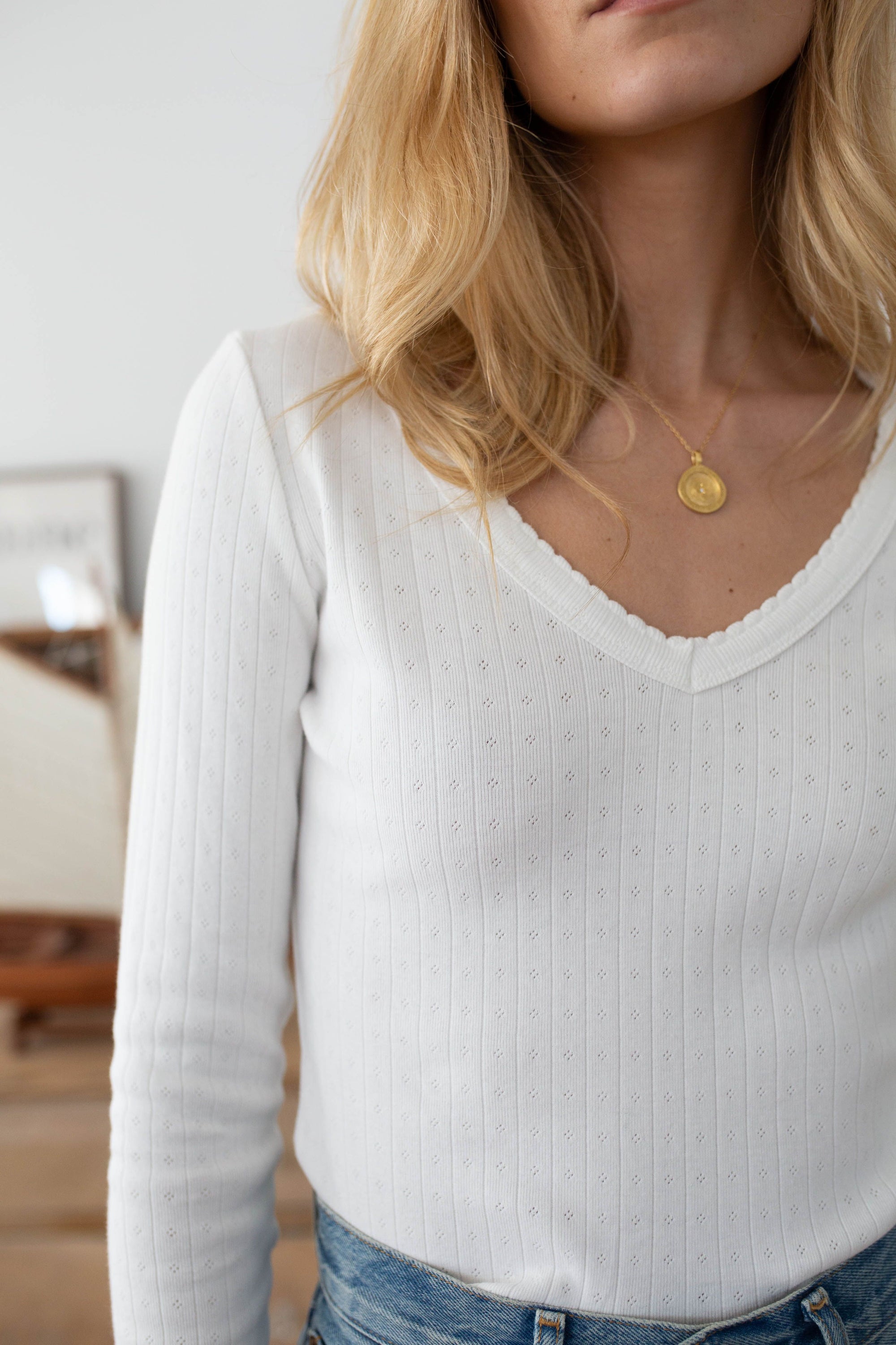 Pointelle Long Sleeve V-Neck - White