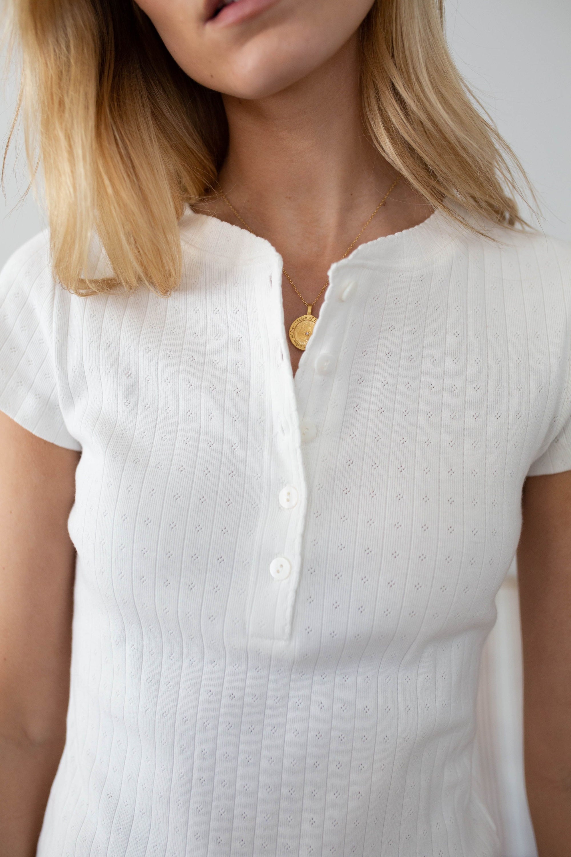 Pointelle Short Sleeve Henley - White