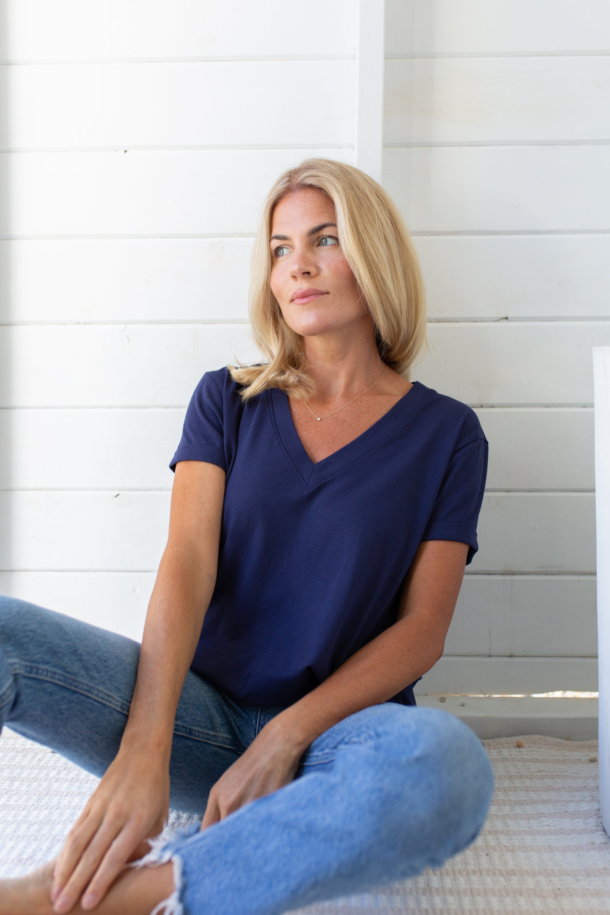 Short Sleeve Roller V Neck Tee - Evening Blue