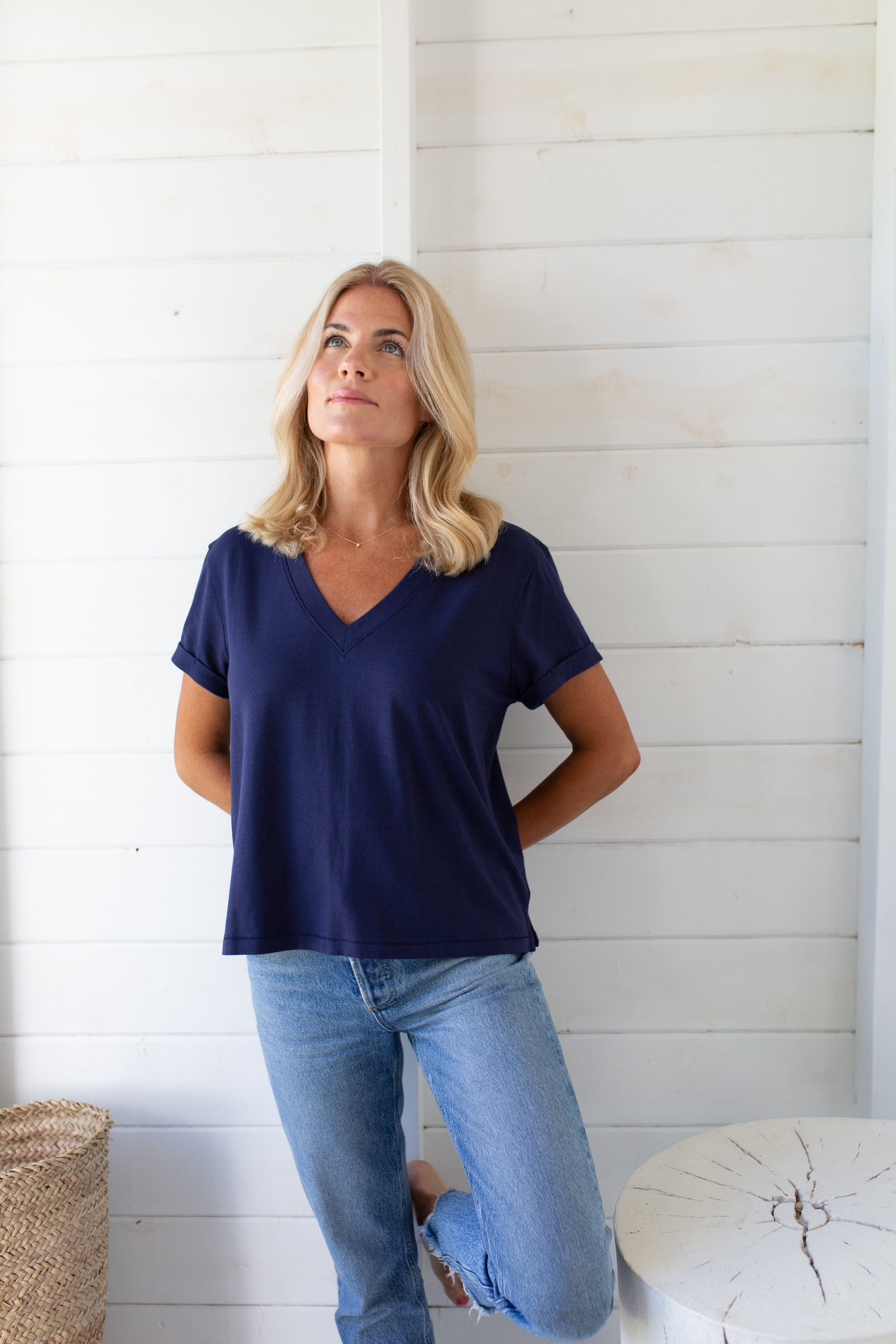 Short Sleeve Roller V Neck Tee - Evening Blue