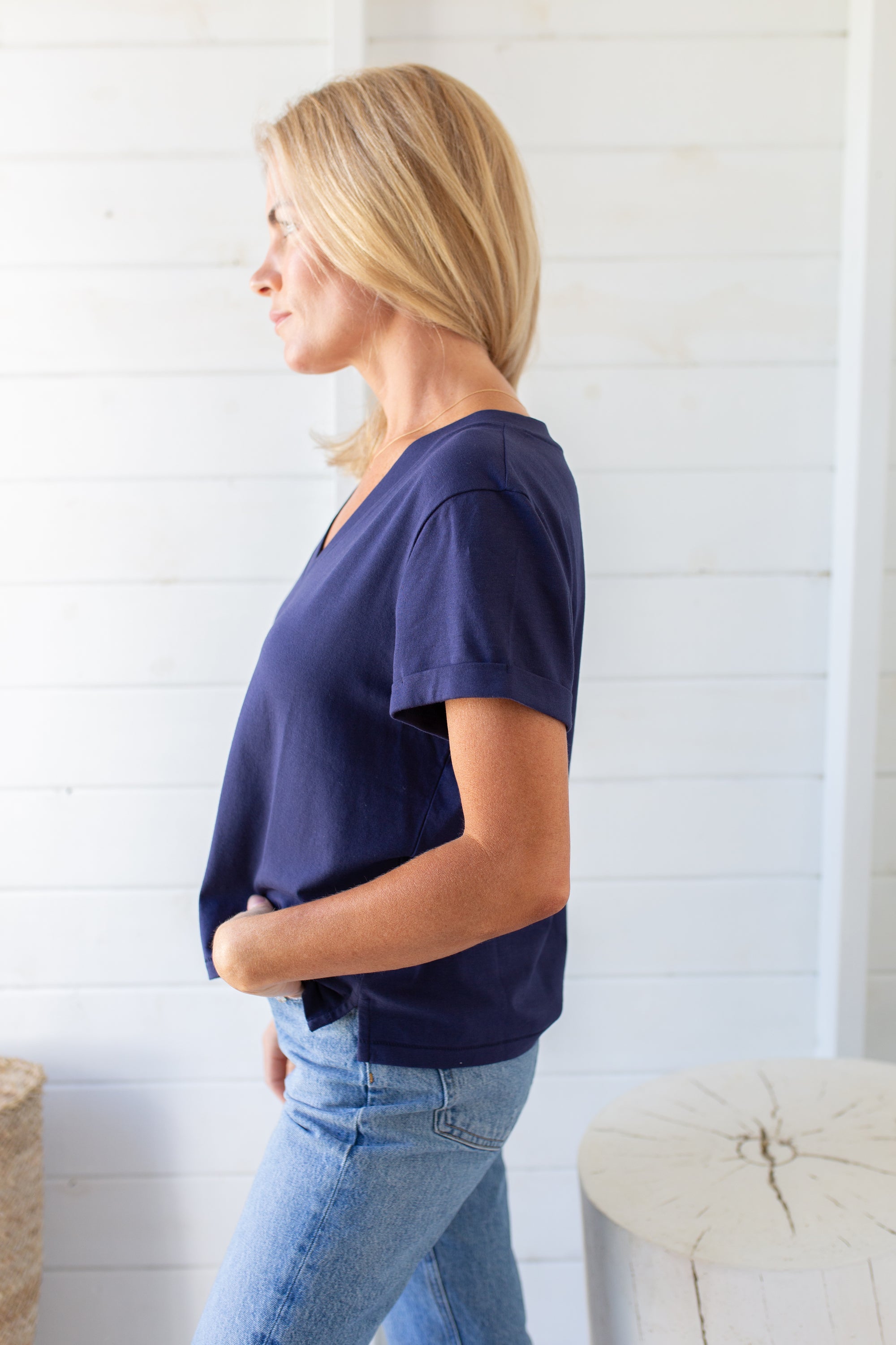 Short Sleeve Roller V Neck Tee - Evening Blue
