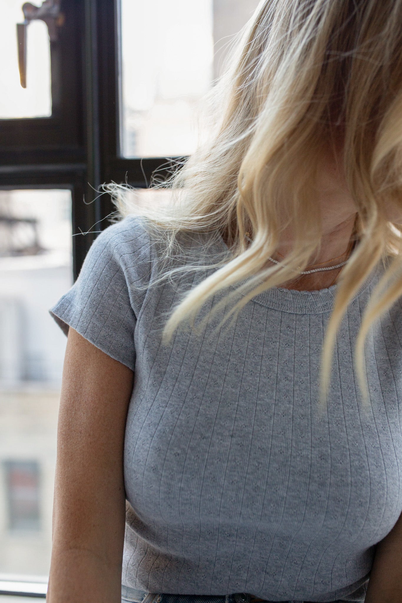 Pointelle Crewneck Tee - Grey