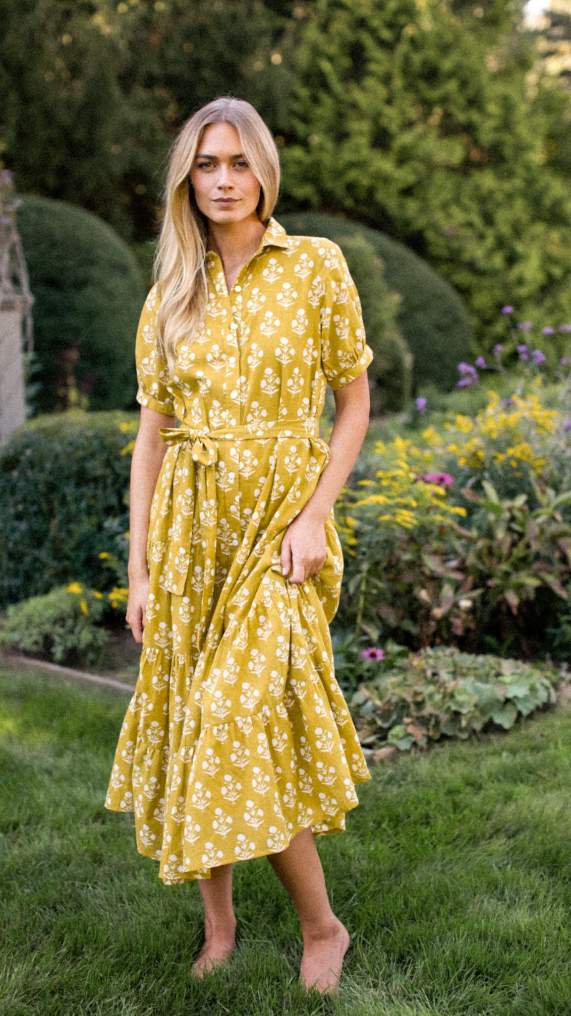 Short Sleeve Shirt Dress - Chartreuse Daffodil