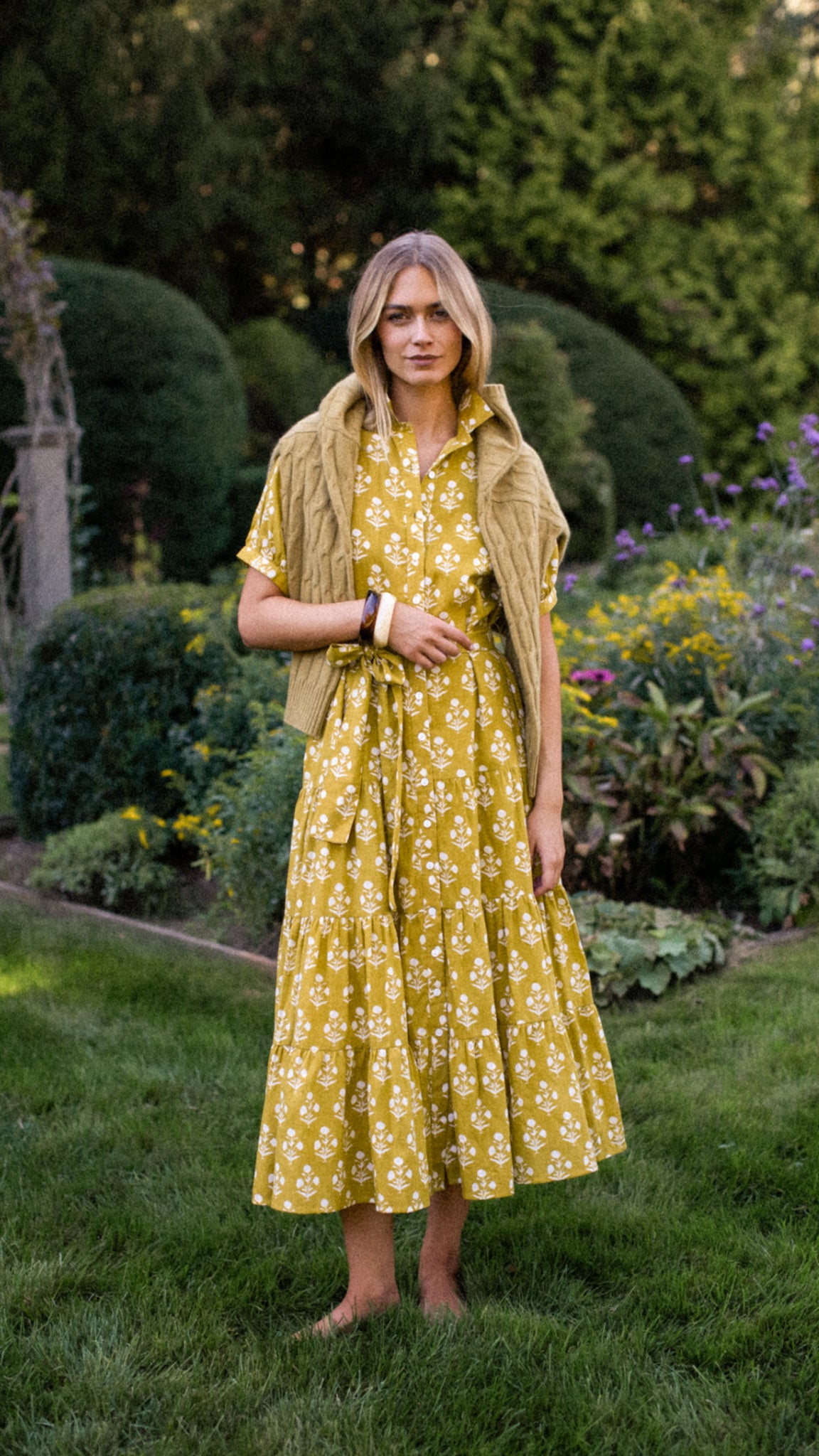 Short Sleeve Shirt Dress - Chartreuse Daffodil