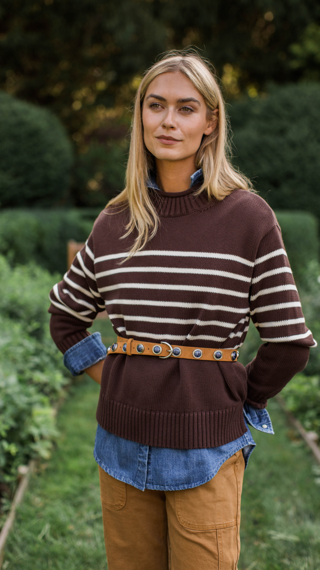 Millie Cotton Rollneck Sweater - Chocolate/Ivory Stripe