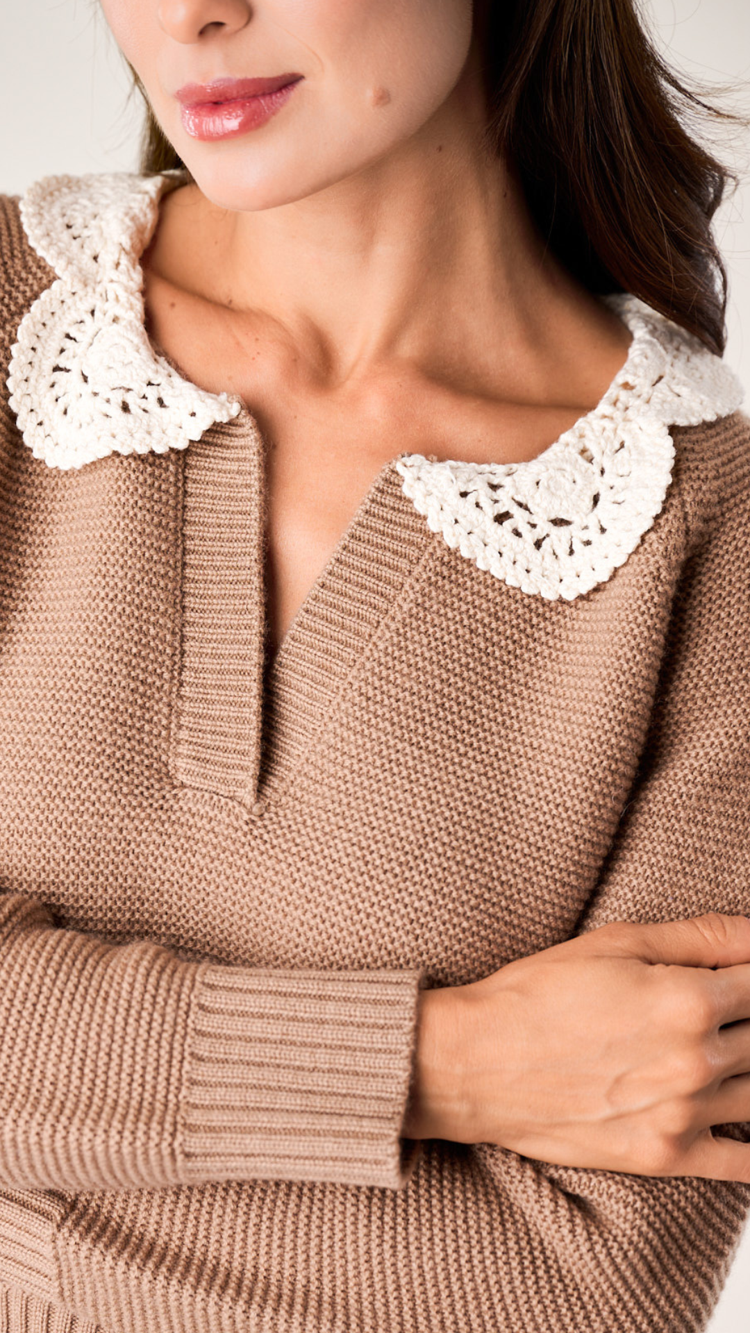 Crochet Collar Sweater - Camel