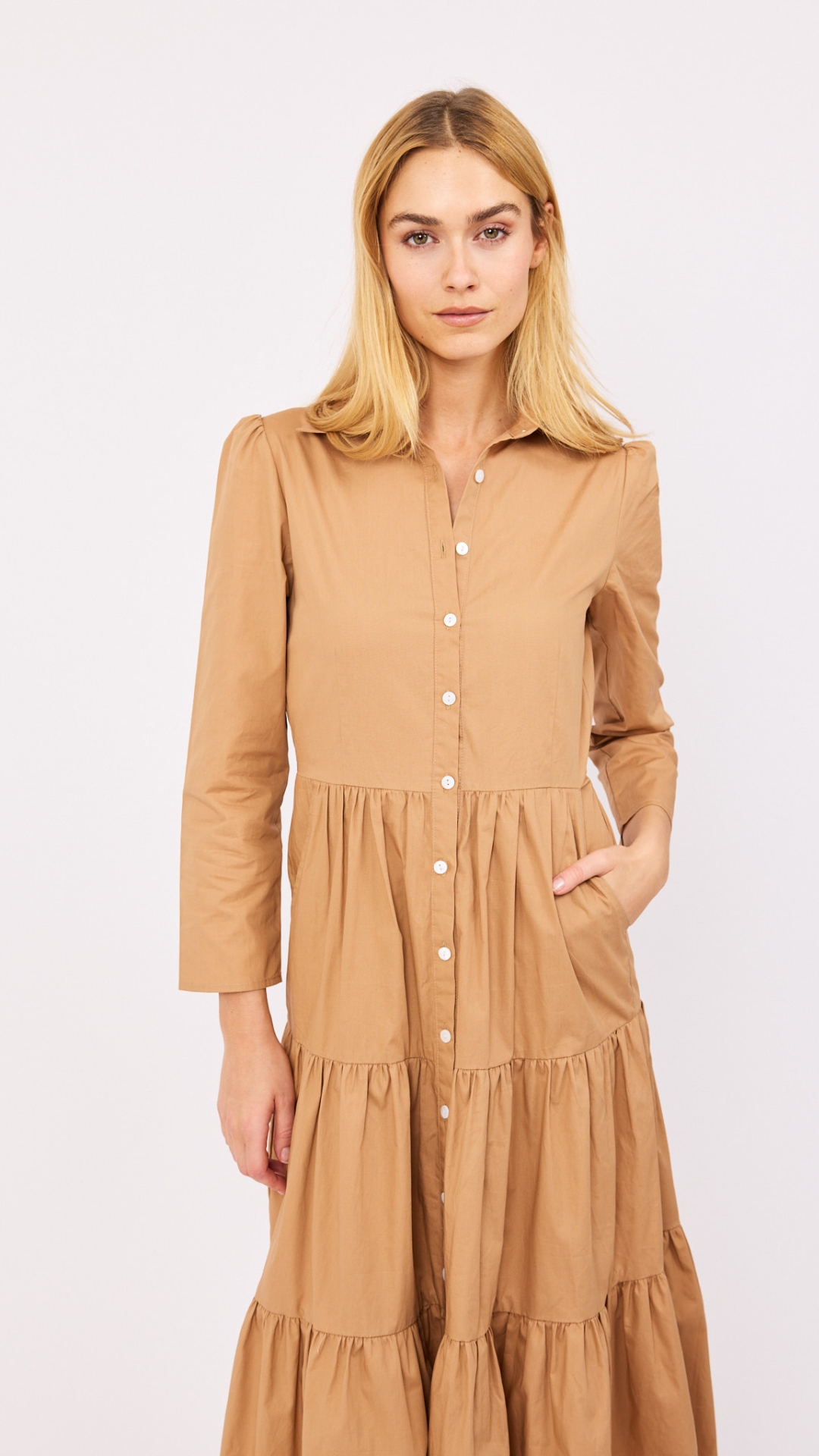 Flounce Shirt Dress - Camel