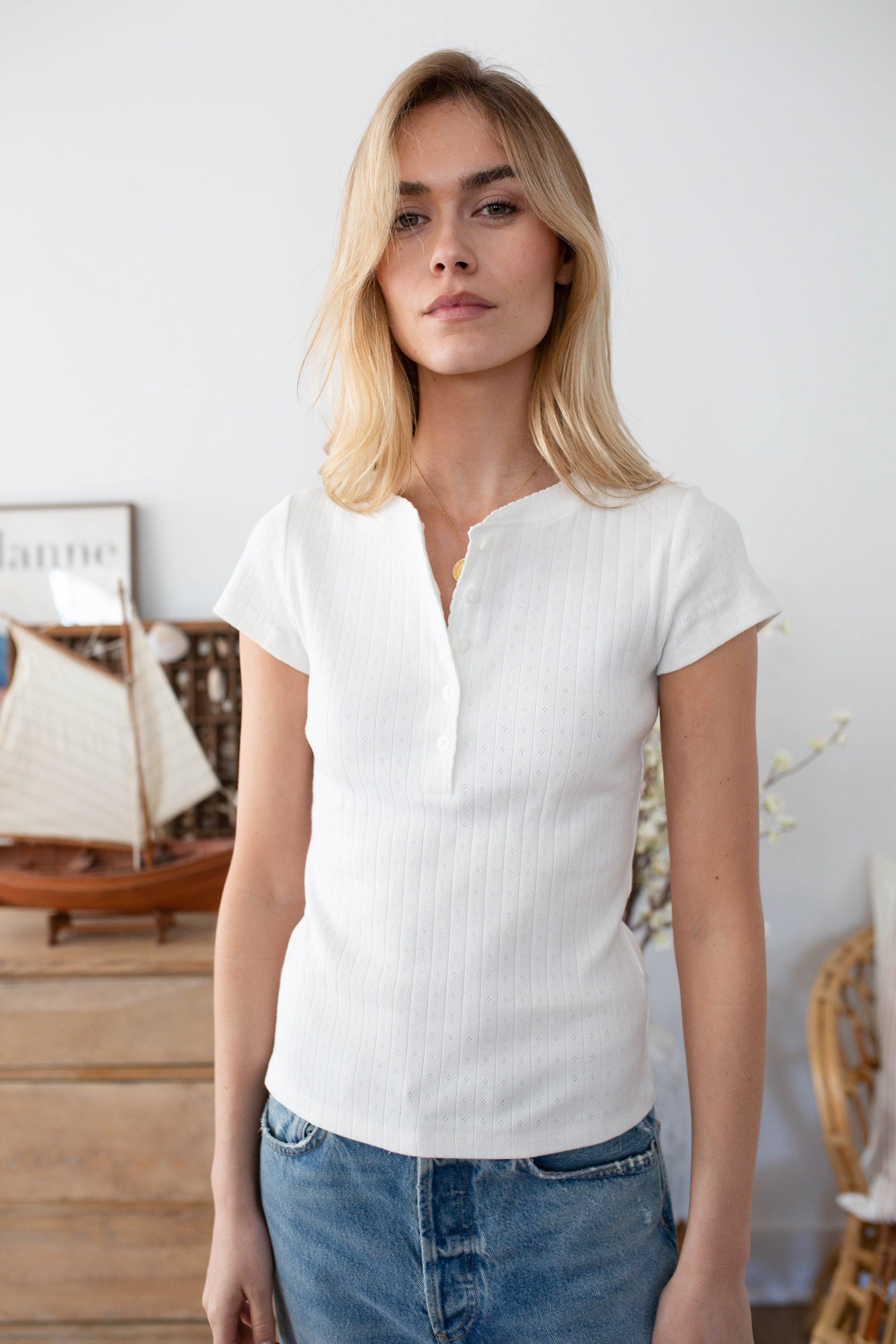 Pointelle Short Sleeve Henley - White