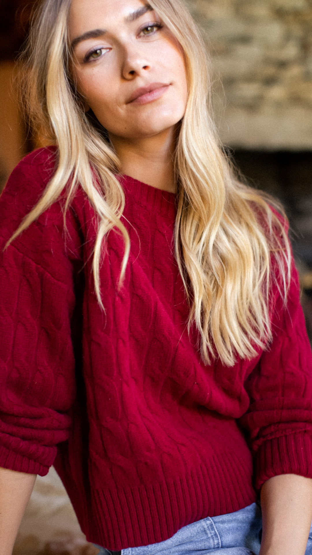 Slouchy Cable Knit Cashmere Sweater - Cranberry