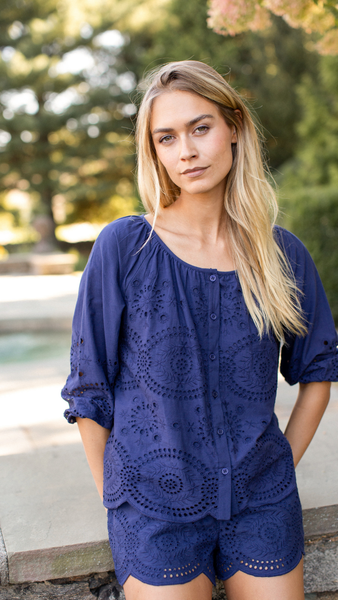 Sophie Top - Navy Demi Eyelet – Marea by Liz Joy