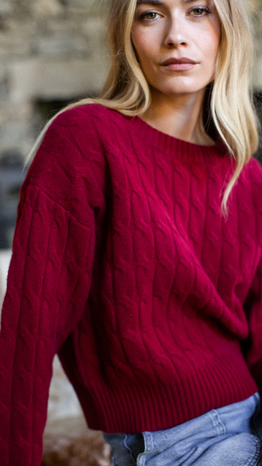 Slouchy Cable Knit Cashmere Sweater - Cranberry