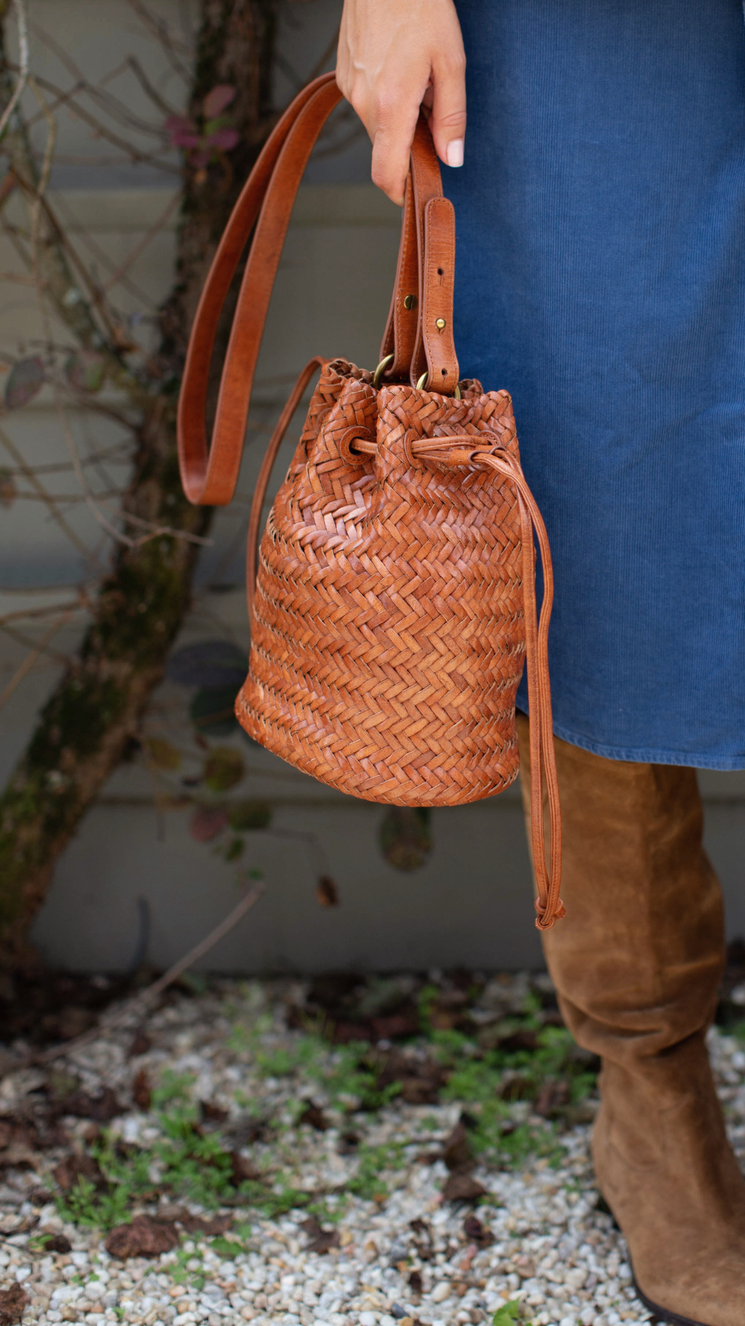 PRE-ORDER Arden Woven Leather Bucket Bag - Brown