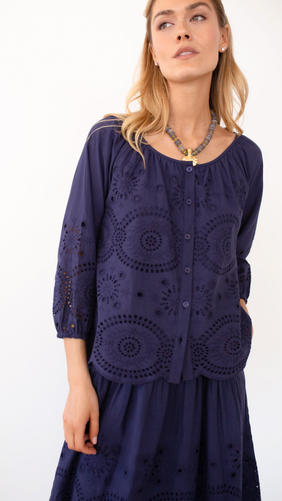 Sophie Top - Navy Demi Eyelet