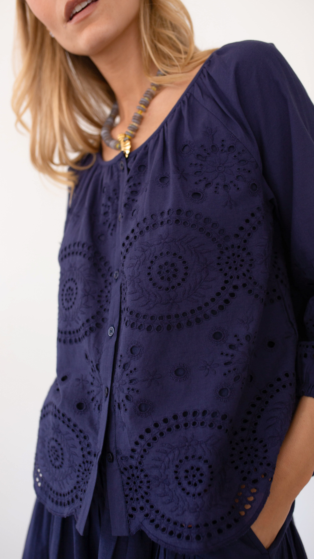 Sophie Top - Navy Demi Eyelet